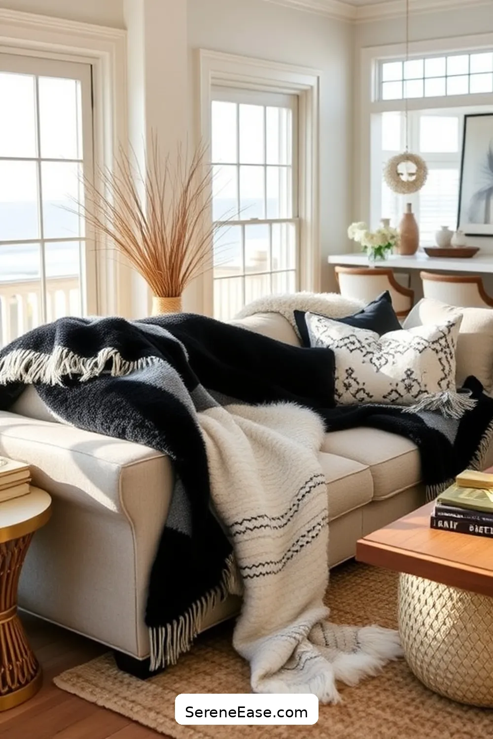 22 Ways to Incorporate Black and White Style in Your Coastal Living Room 15 Utilize Black and White Throw Blankets for 22 Ways to Incorporate Black and White Style in Your Coastal Living Room