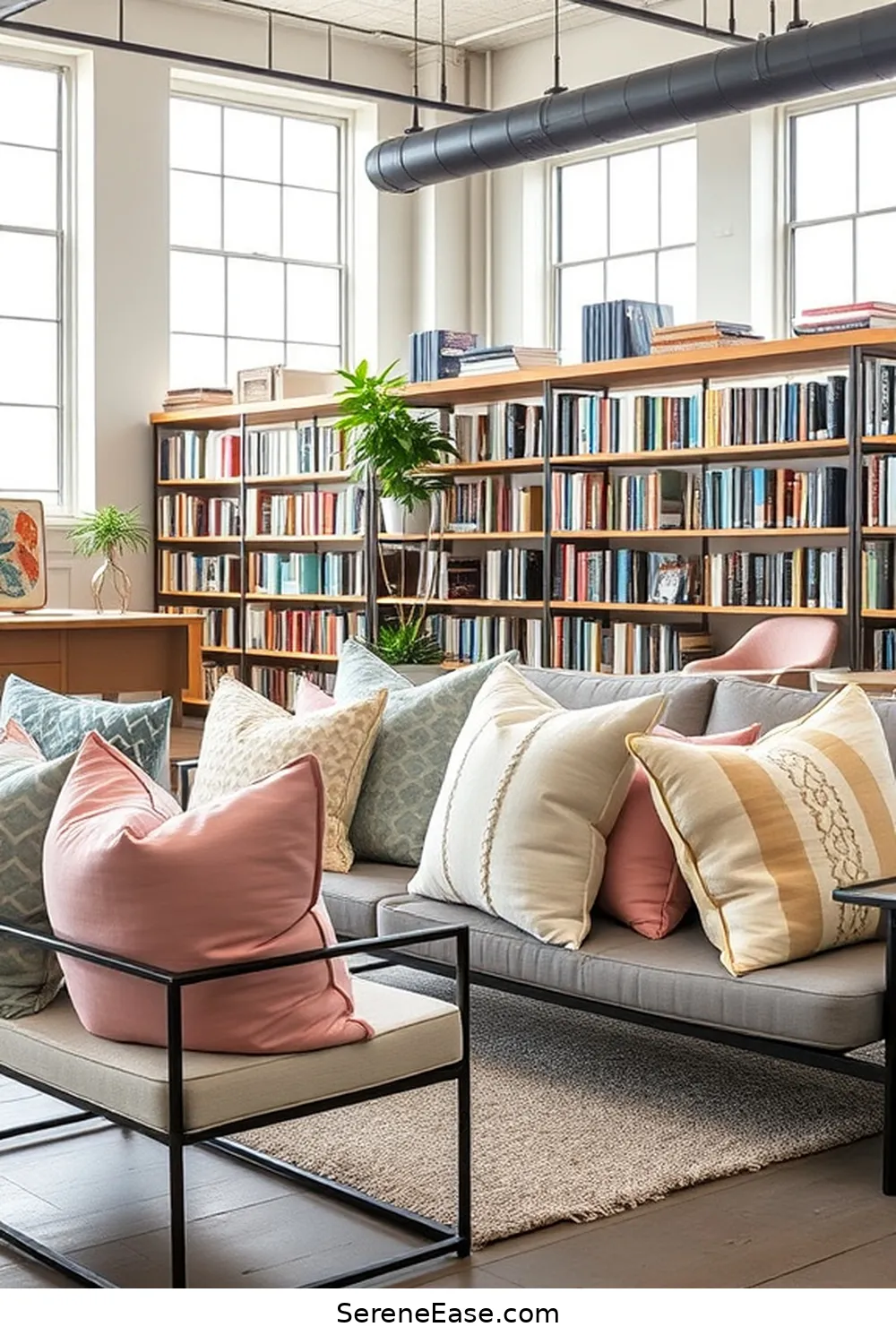 Add Pastel Decorative Cushions for 22 Ways to Incorporate Pastels Into Industrial-Style Libraries