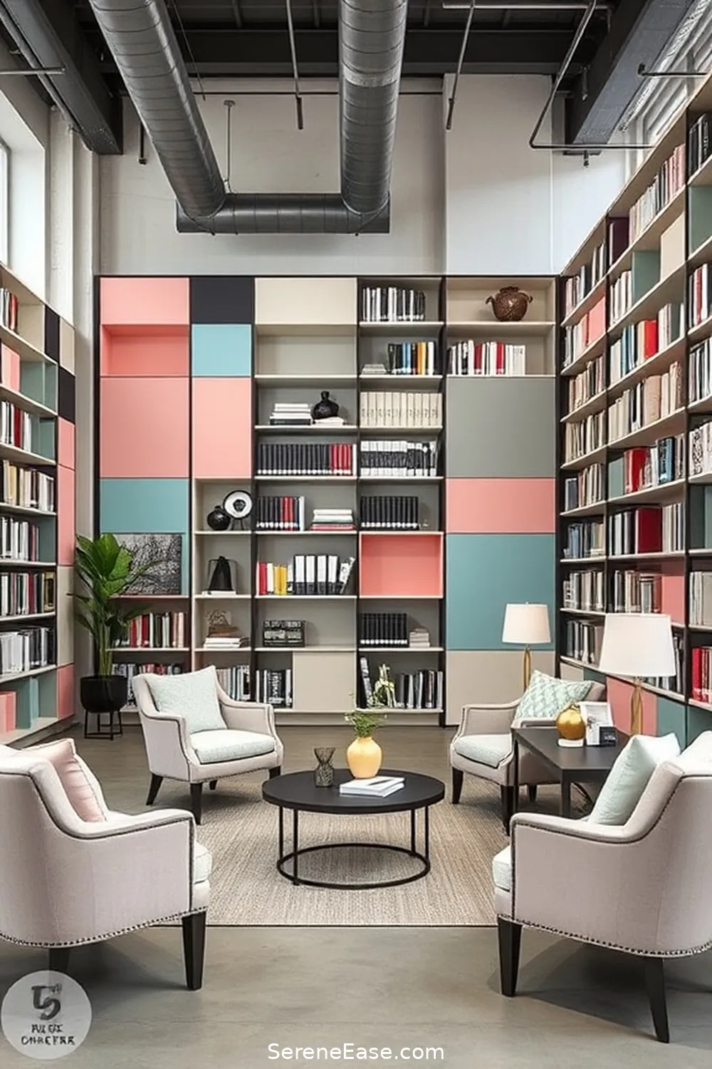 Use Pastel Color Block Designs for 22 Ways to Incorporate Pastels Into Industrial-Style Libraries