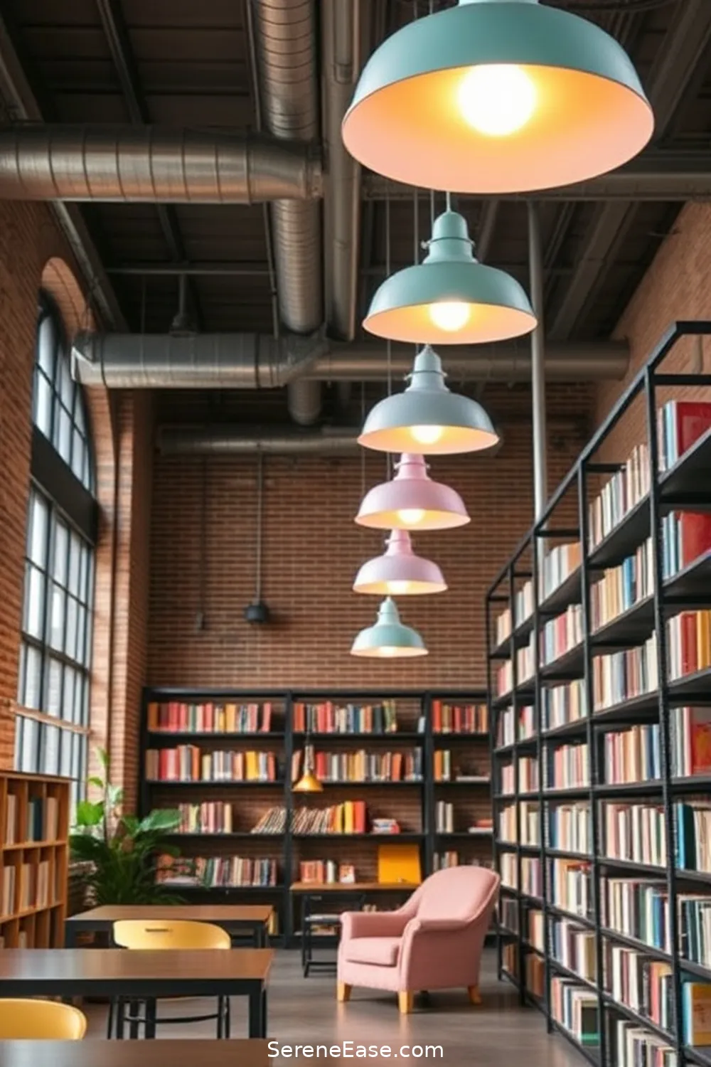 Use Pastel Light Fixtures for 22 Ways to Incorporate Pastels Into Industrial-Style Libraries