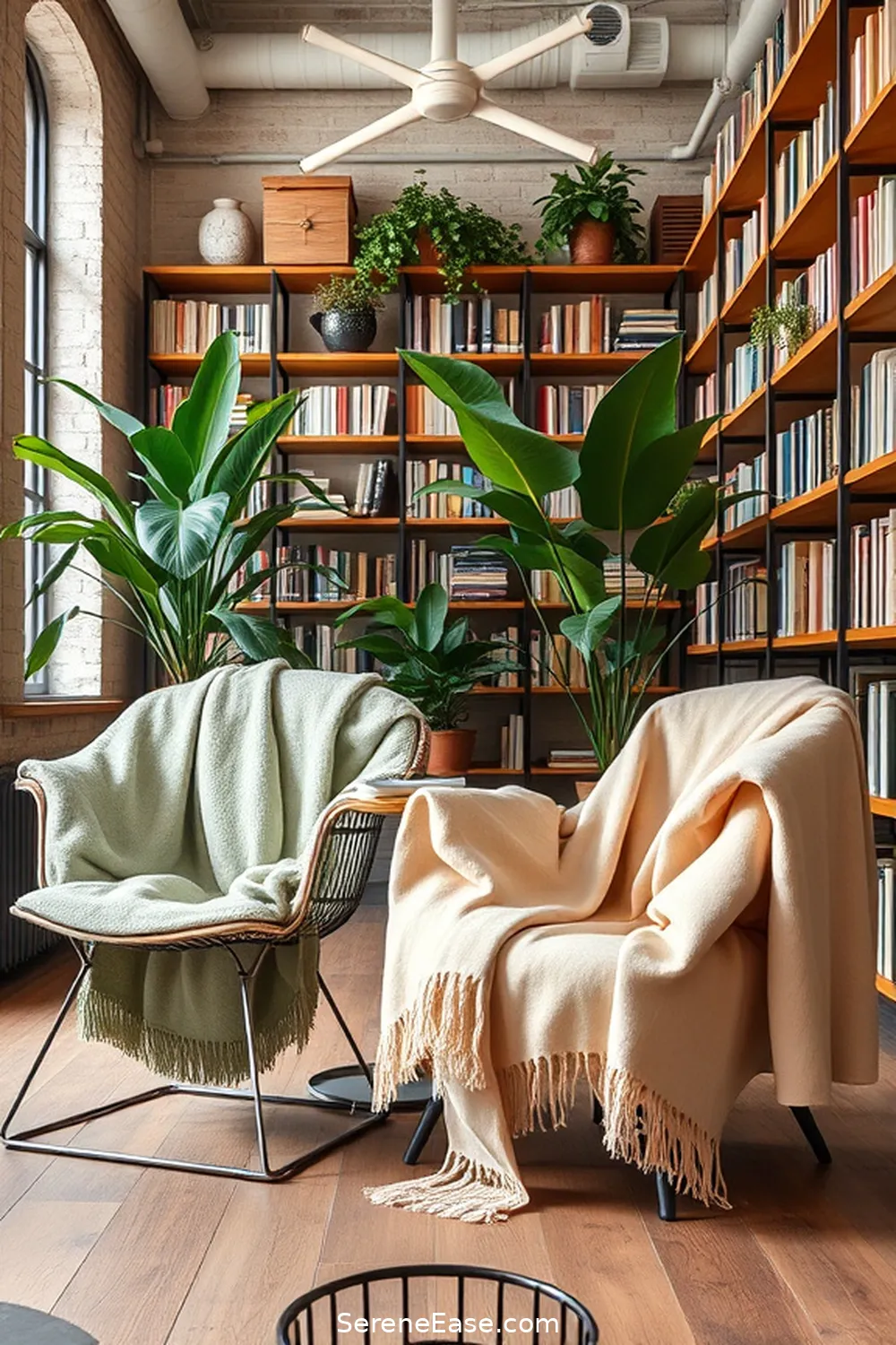 Use Pastel Throws on Seating for 22 Ways to Incorporate Pastels Into Industrial-Style Libraries