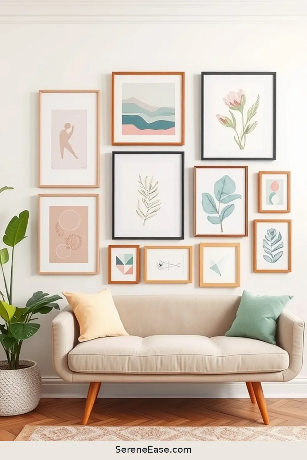 22 Ways to Incorporate Pastels in Your Mid-Century Modern Living Room Style 23 Create a Pastel Gallery Wall for 22 Ways to Incorporate Pastels in Your Mid-Century Modern Living Room Style
