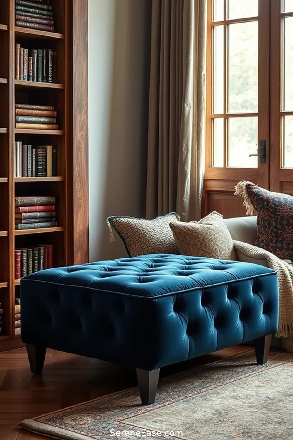 22 Ways to Infuse Jewel Tones Into Rustic Library Style 10 Add a Jewel-Toned Ottoman for 22 Ways to Infuse Jewel Tones Into Rustic Library Style