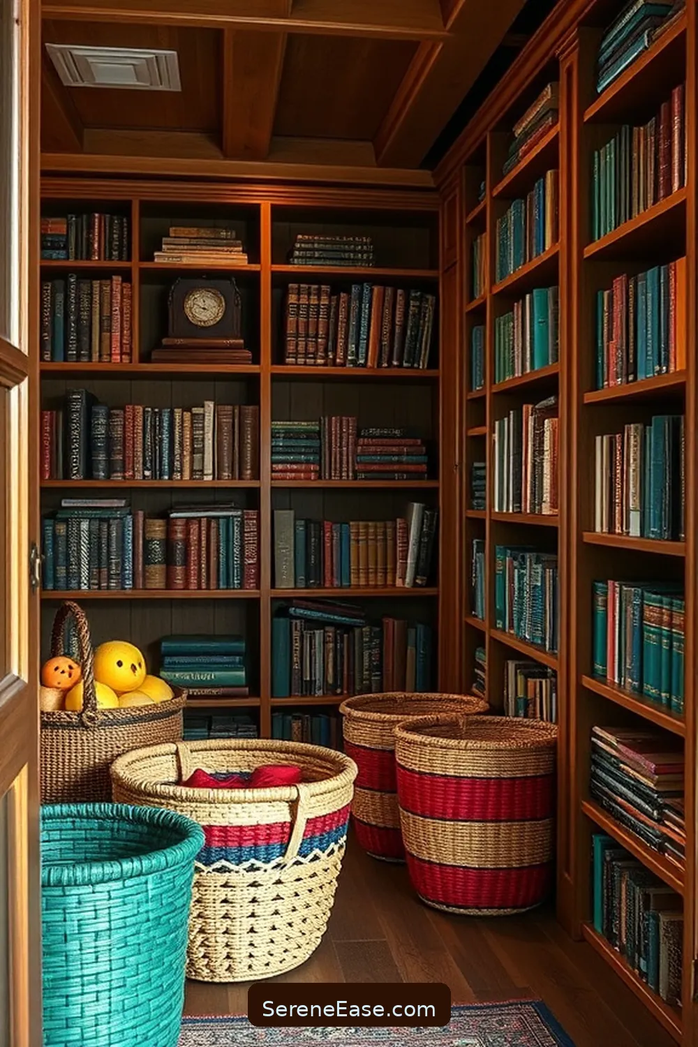 22 Ways to Infuse Jewel Tones Into Rustic Library Style 20 Use Colorful Storage Baskets for 22 Ways to Infuse Jewel Tones Into Rustic Library Style