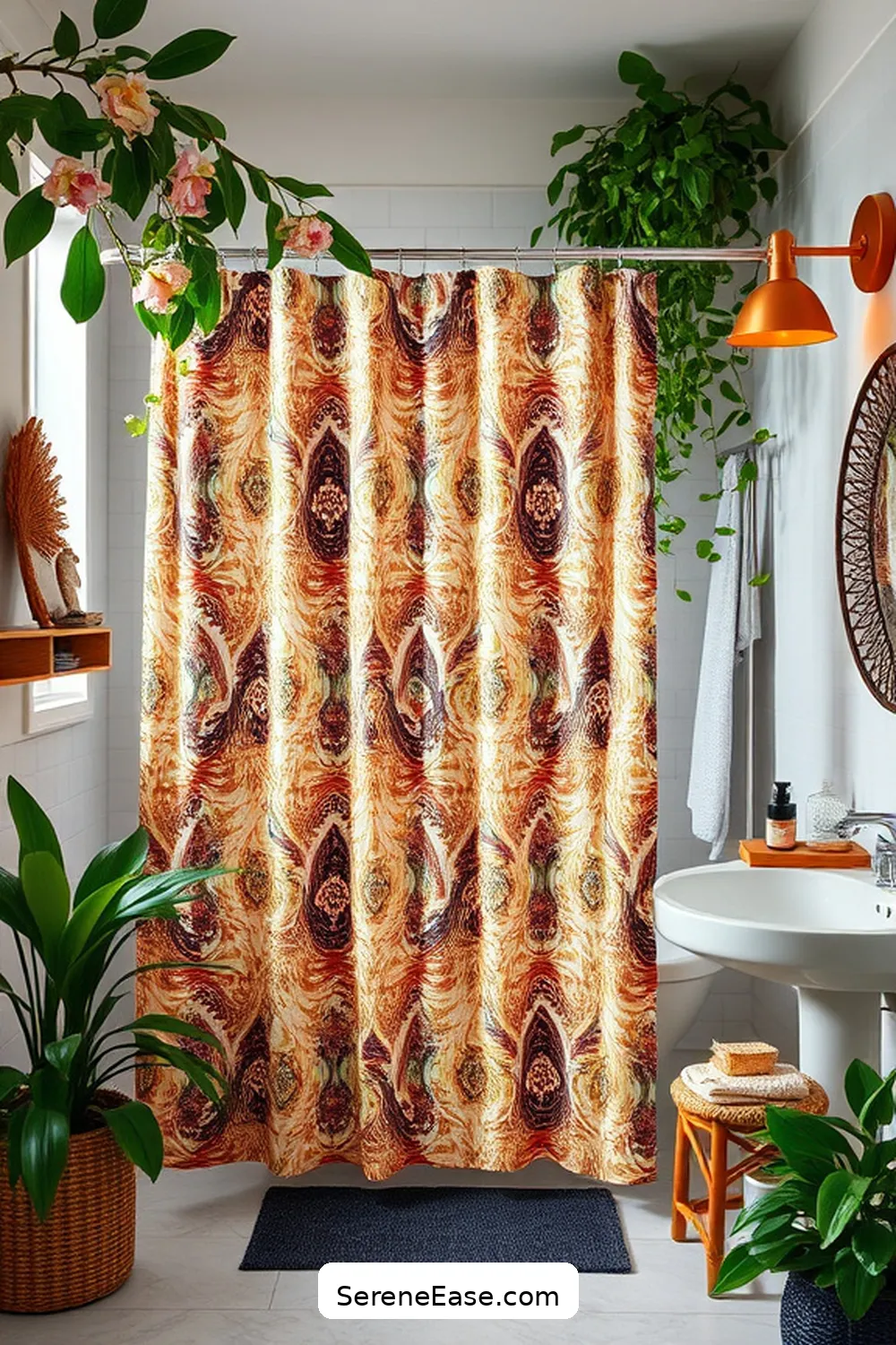 22 Ways to Style a Monochromatic Bohemian Bathroom 18 Feature a Bold Shower Curtain for 22 Ways to Style a Monochromatic Bohemian Bathroom