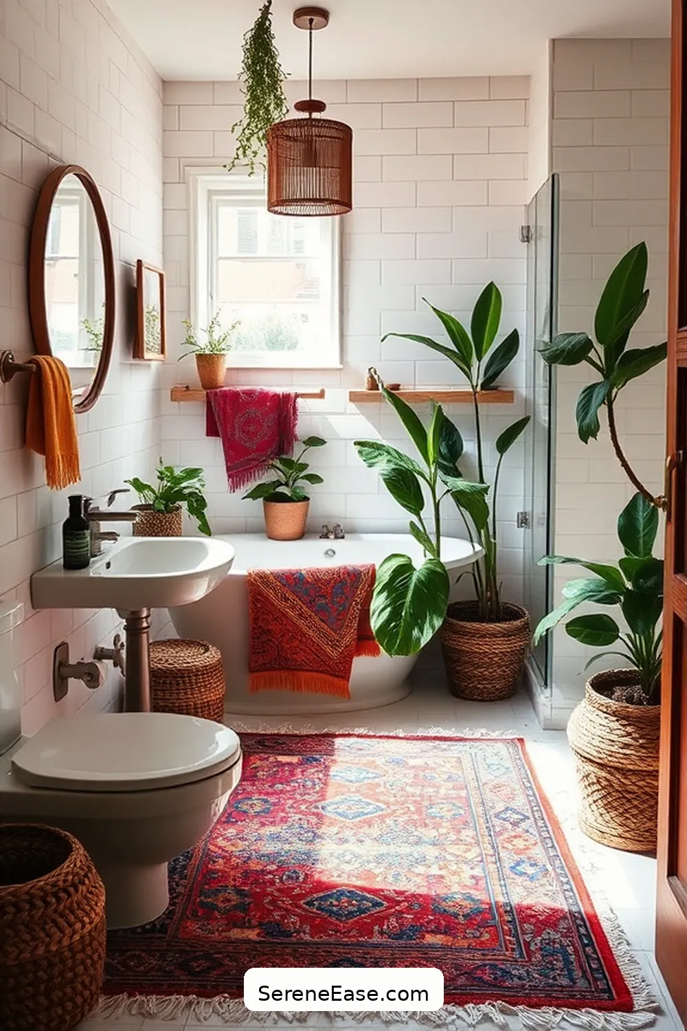 22 Ways to Style a Monochromatic Bohemian Bathroom 19 Incorporate Colorful Rugs for 22 Ways to Style a Monochromatic Bohemian Bathroom