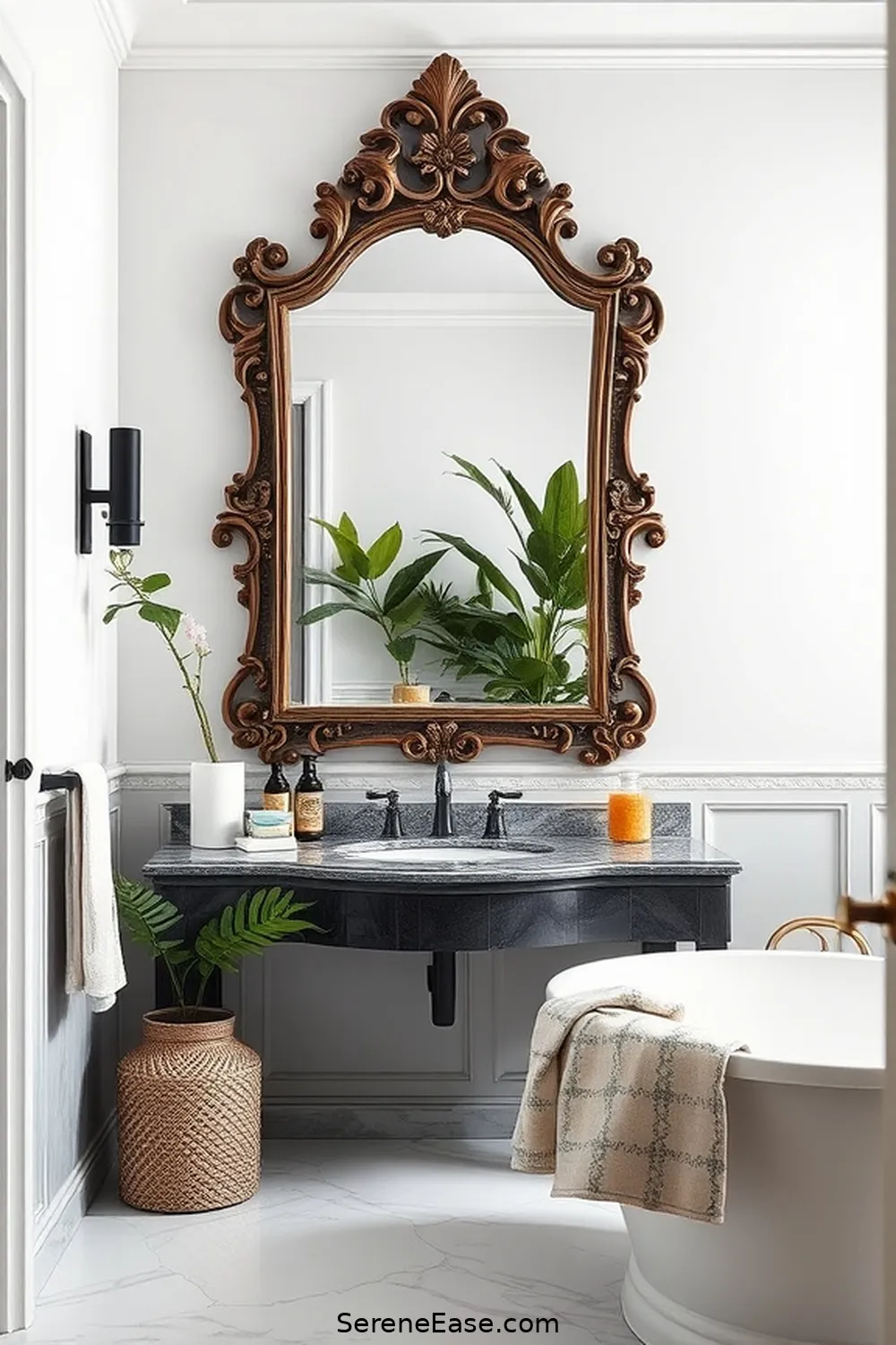22 Ways to Style a Monochromatic Bohemian Bathroom 10 Install a Statement Mirror for 22 Ways to Style a Monochromatic Bohemian Bathroom