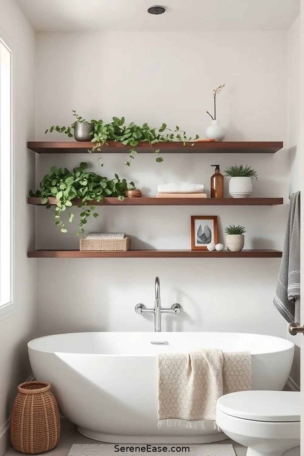 22 Ways to Style a Monochromatic Bohemian Bathroom 14 Opt for Floating Shelves for 22 Ways to Style a Monochromatic Bohemian Bathroom