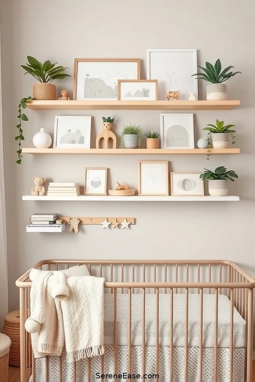 22 Ways to Use Neutral Tones in Bohemian Nursery Style 20 Utilize Floating Shelves for 22 Ways to Use Neutral Tones in Bohemian Nursery Style