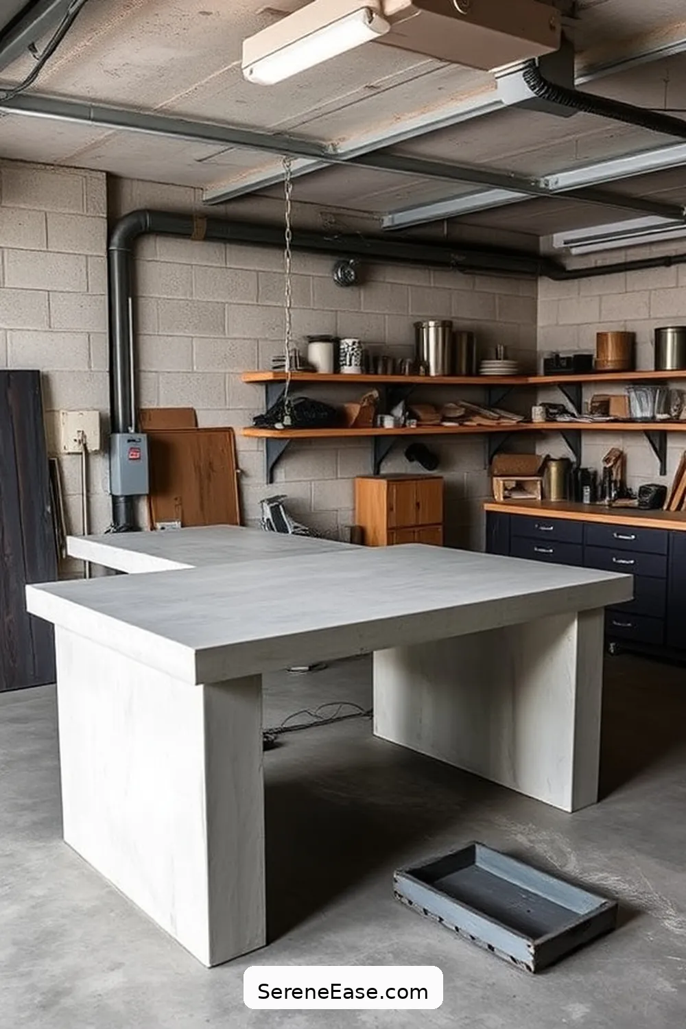 22 Ways to Use Neutral Tones in Industrial-Style Garages 22 Add a Concrete Workbench With Neutral Finishes for 22 Ways to Use Neutral Tones in Industrial-Style Garages