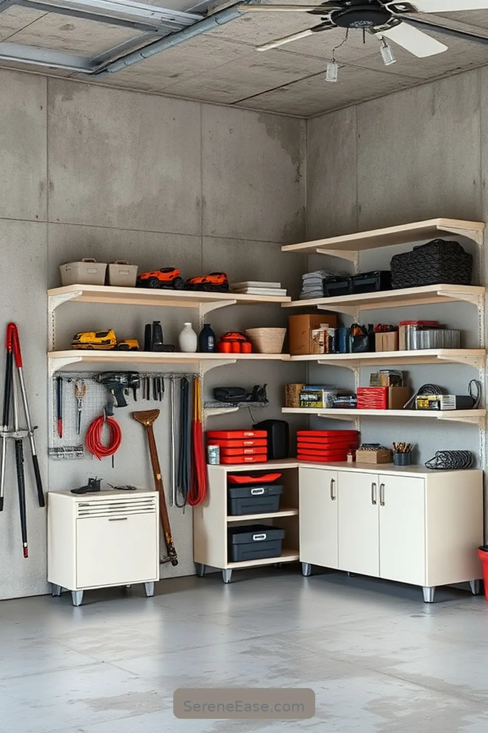 22 Ways to Use Neutral Tones in Industrial-Style Garages 7 Opt for Minimalist Shelving in Light Colors for 22 Ways to Use Neutral Tones in Industrial-Style Garages