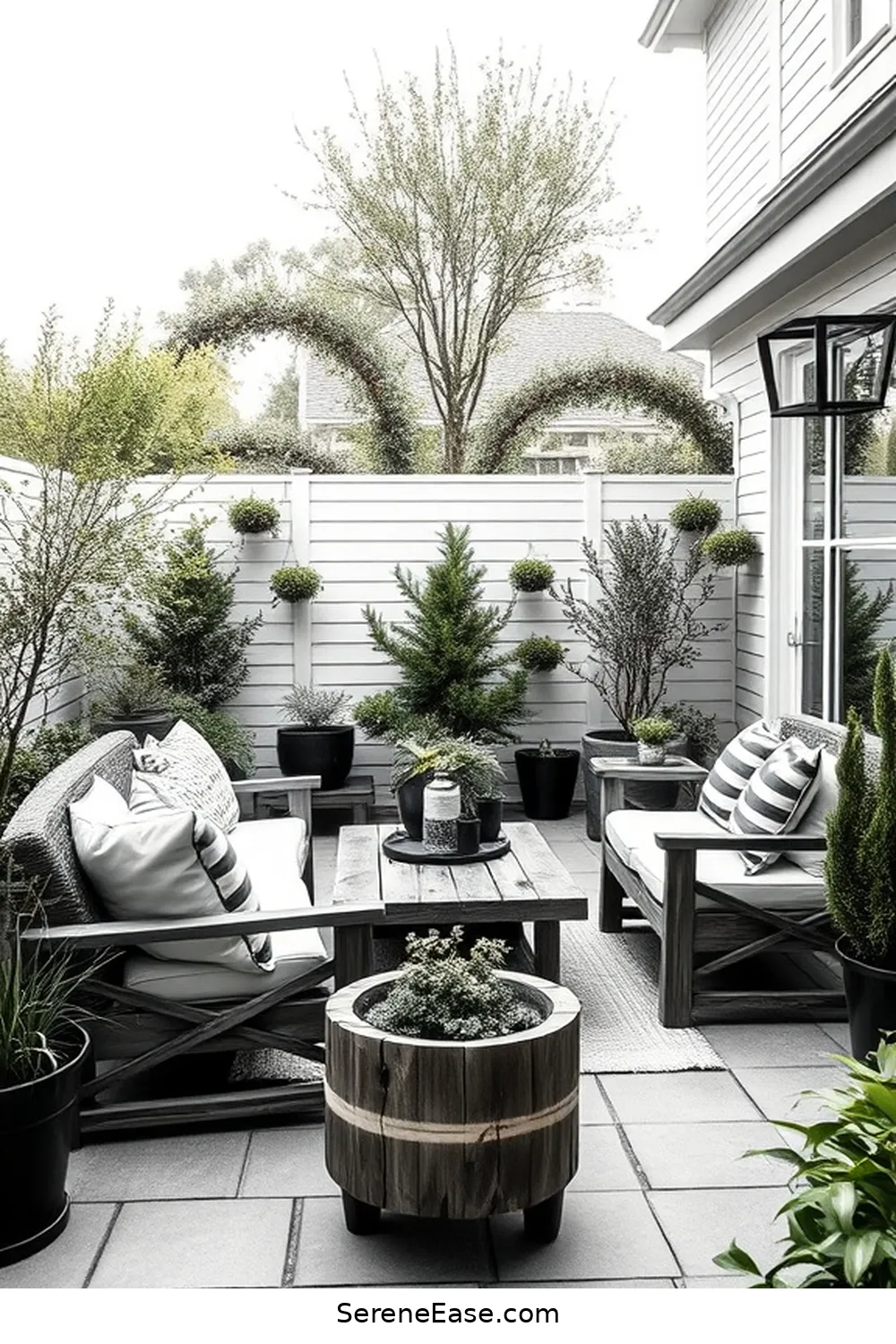 23 Stunning Black and White Outdoor Patios in Modern Farmhouse Style 10 Charming Garden Seating Zone for 23 Stunning Black and White Outdoor Patios in Modern Farmhouse Style