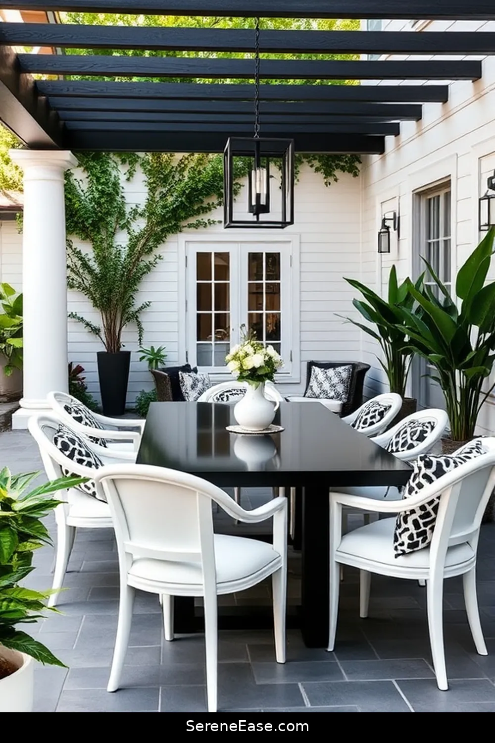 23 Stunning Black and White Outdoor Patios in Modern Farmhouse Style 4 Chic Monochrome Dining Area for 23 Stunning Black and White Outdoor Patios in Modern Farmhouse Style