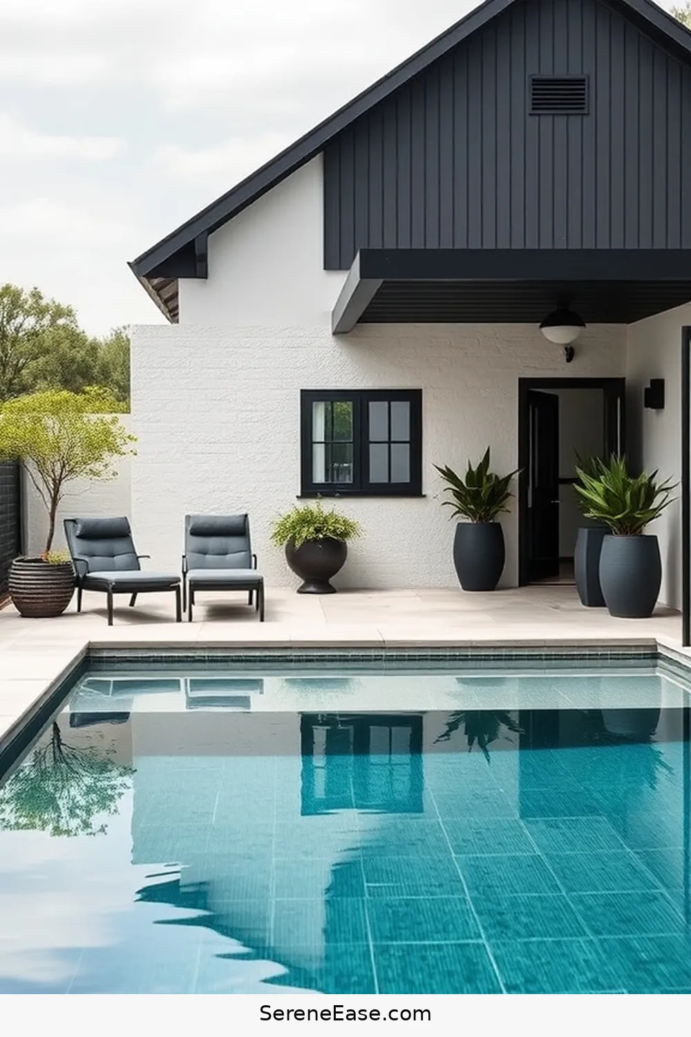 23 Stunning Black and White Outdoor Patios in Modern Farmhouse Style 12 Contemporary Farmhouse Poolside for 23 Stunning Black and White Outdoor Patios in Modern Farmhouse Style