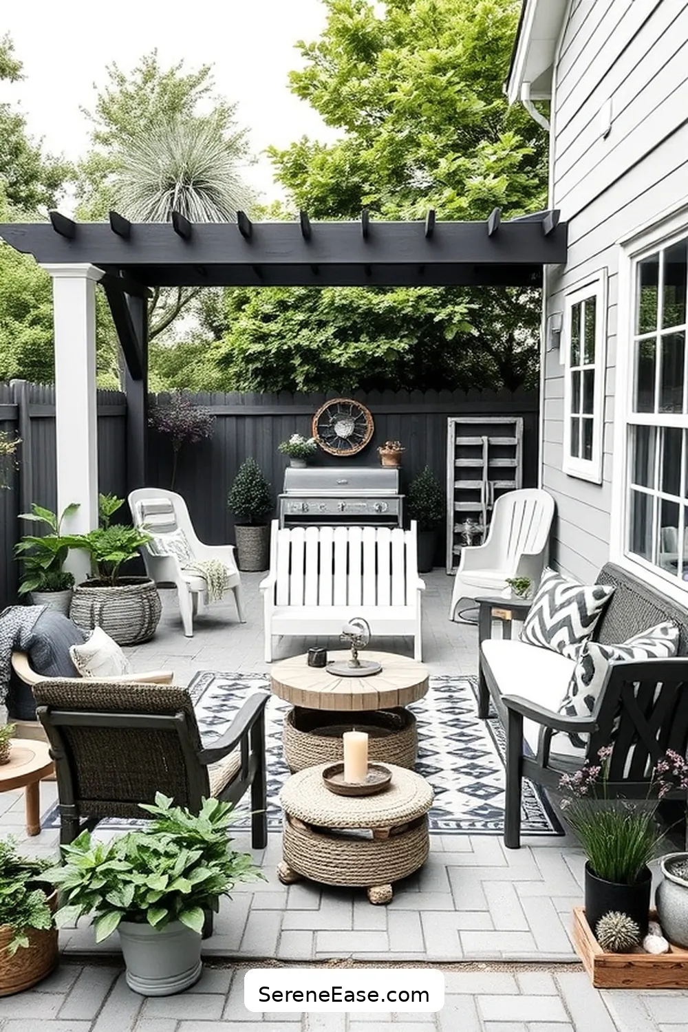 23 Stunning Black and White Outdoor Patios in Modern Farmhouse Style 21 Family-Friendly Play Area for 23 Stunning Black and White Outdoor Patios in Modern Farmhouse Style