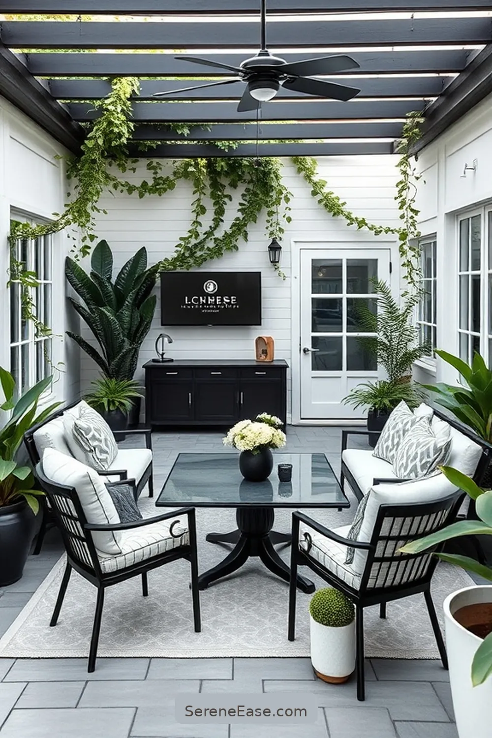 23 Stunning Black and White Outdoor Patios in Modern Farmhouse Style 19 Functional Black and White Workspace for 23 Stunning Black and White Outdoor Patios in Modern Farmhouse Style