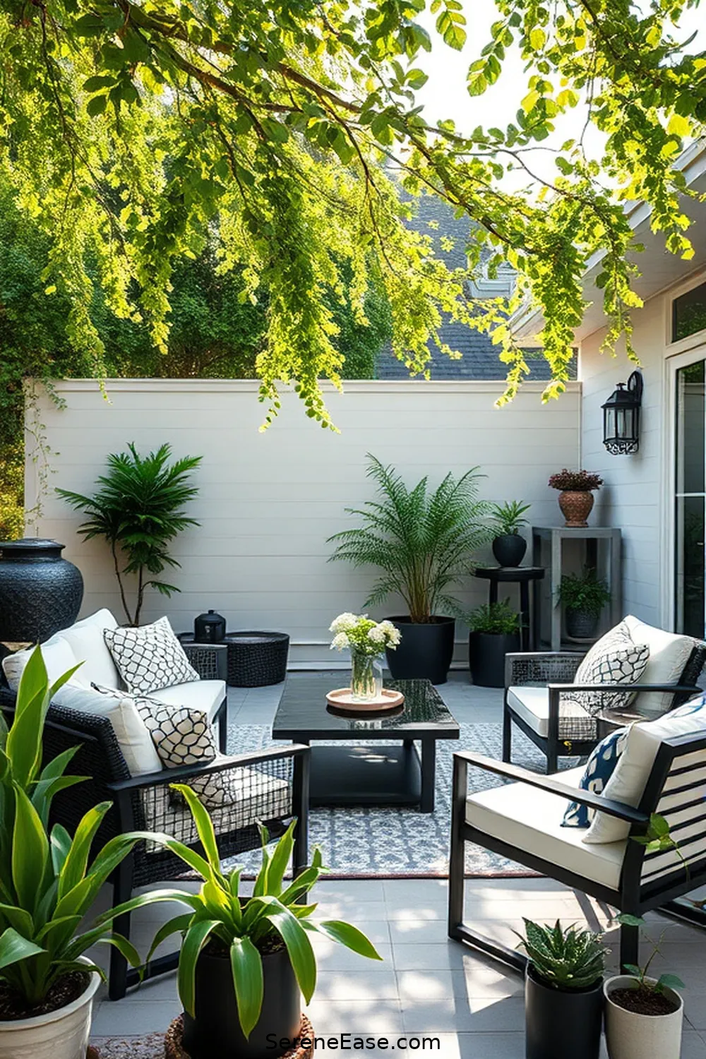 23 Stunning Black and White Outdoor Patios in Modern Farmhouse Style 24 Lush Greenery Accented Deck for 23 Stunning Black and White Outdoor Patios in Modern Farmhouse Style