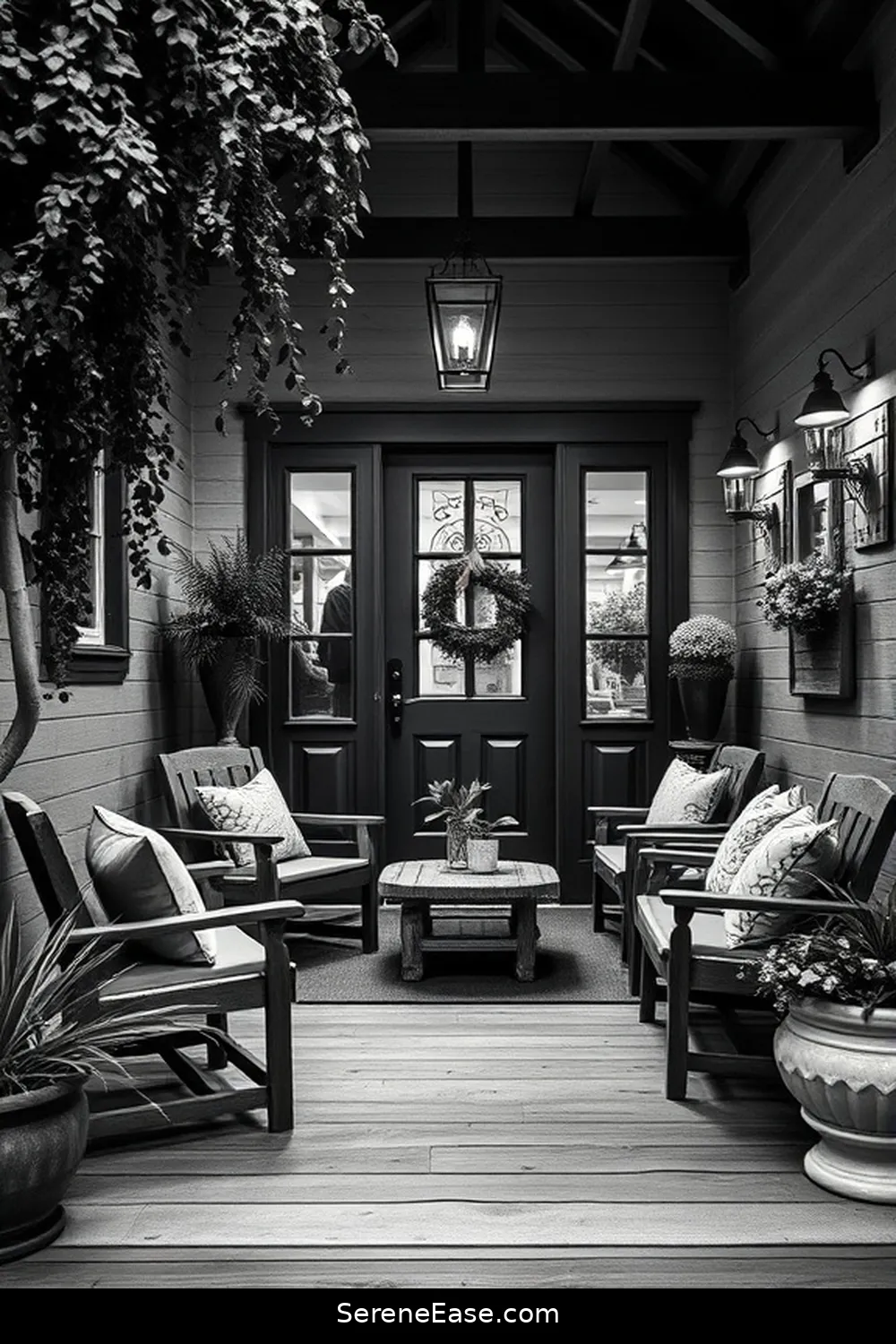 23 Stunning Black and White Outdoor Patios in Modern Farmhouse Style 14 Warm and Welcoming Entryway Patio for 23 Stunning Black and White Outdoor Patios in Modern Farmhouse Style