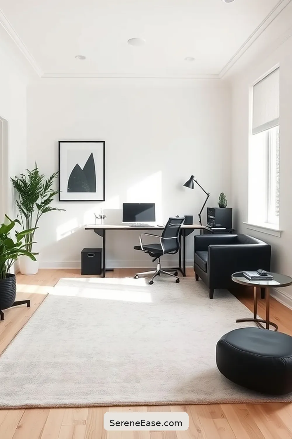 23 Tips for a Black and White Minimalist Style Home Office 21 Select a Neutral Rug for 23 Tips for a Black and White Minimalist Style Home Office