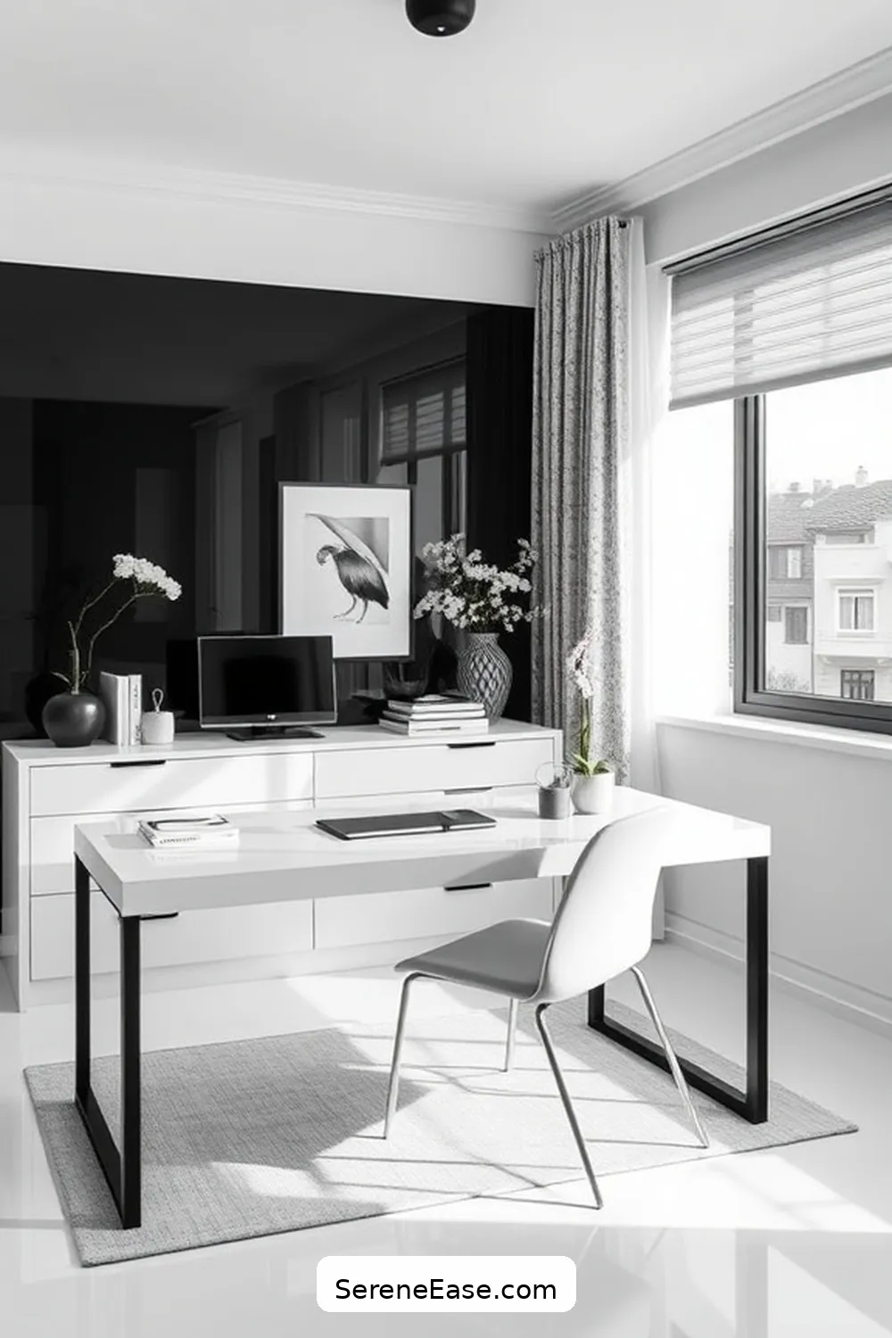 23 Tips for a Black and White Minimalist Style Home Office 20 Use Black and White Patterns Sparingly for 23 Tips for a Black and White Minimalist Style Home Office