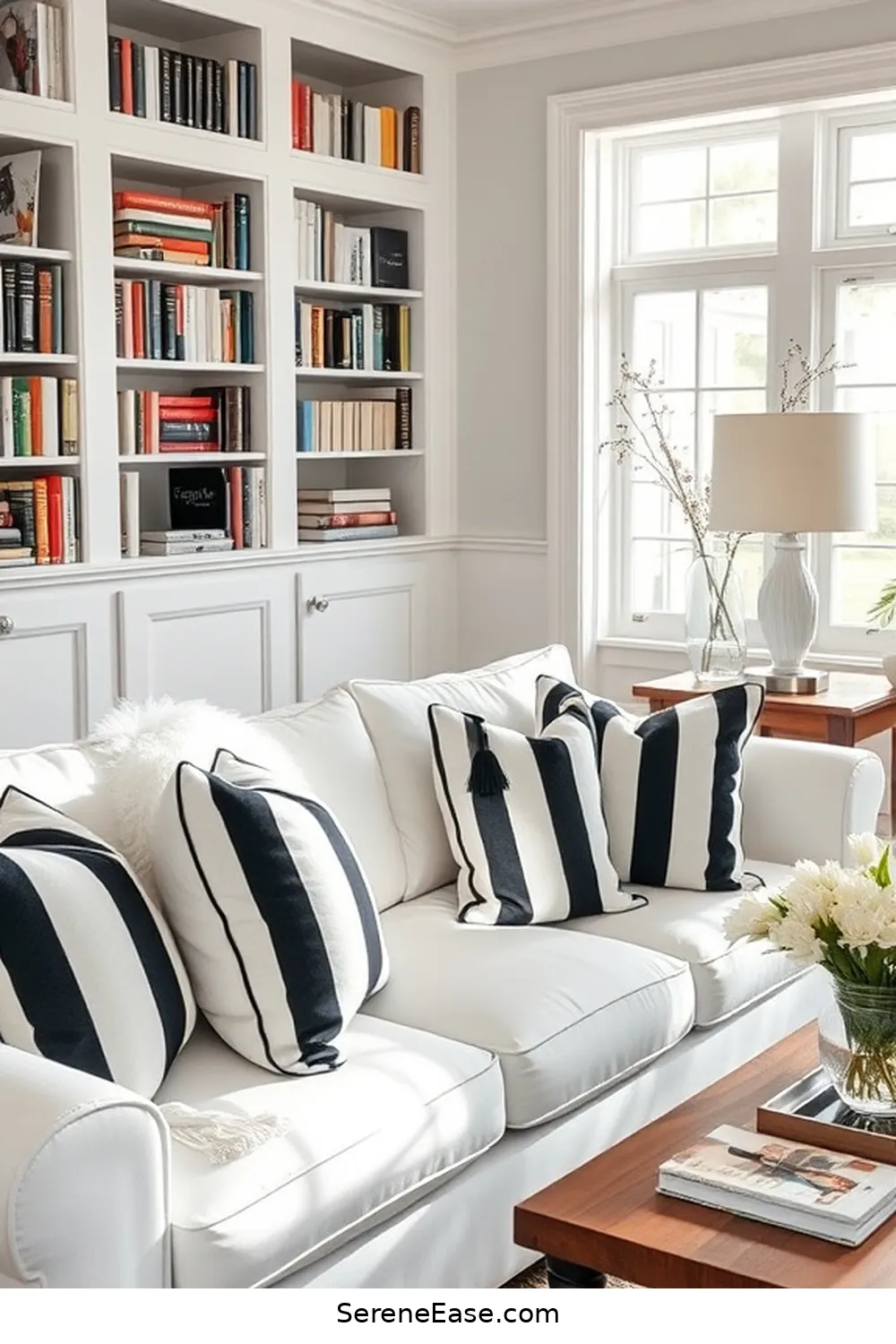 23 Ways to Achieve Black and White Coastal Style in Your Library 12 Add Decorative Throw Pillows for 23 Ways to Achieve Black and White Coastal Style in Your Library