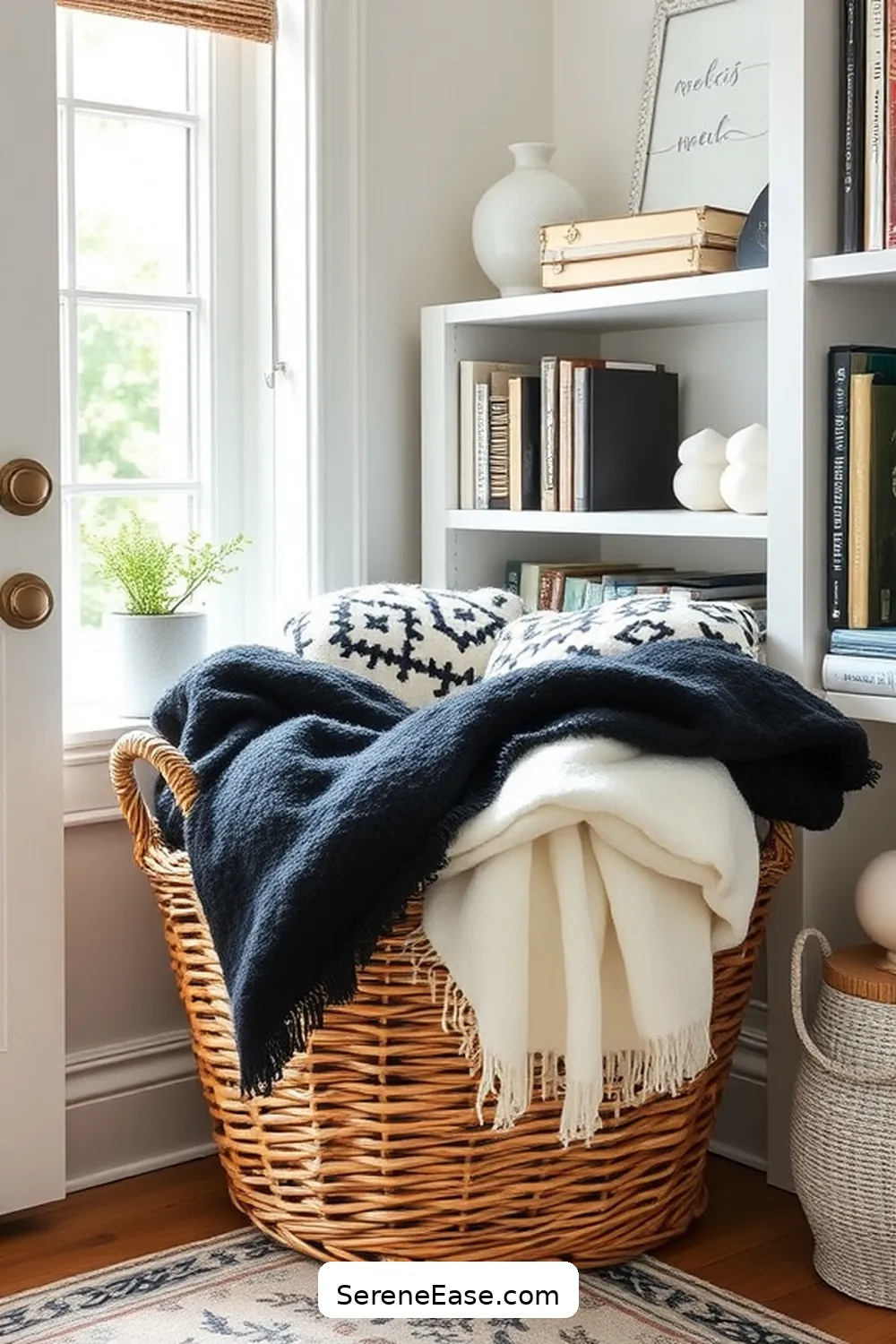23 Ways to Achieve Black and White Coastal Style in Your Library 22 Add a Cozy Blanket Basket for 23 Ways to Achieve Black and White Coastal Style in Your Library