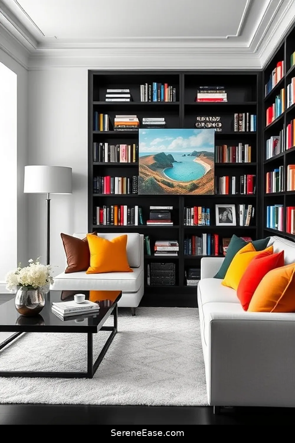 23 Ways to Achieve Black and White Coastal Style in Your Library 21 Choose a Simple Colorful Accent for 23 Ways to Achieve Black and White Coastal Style in Your Library