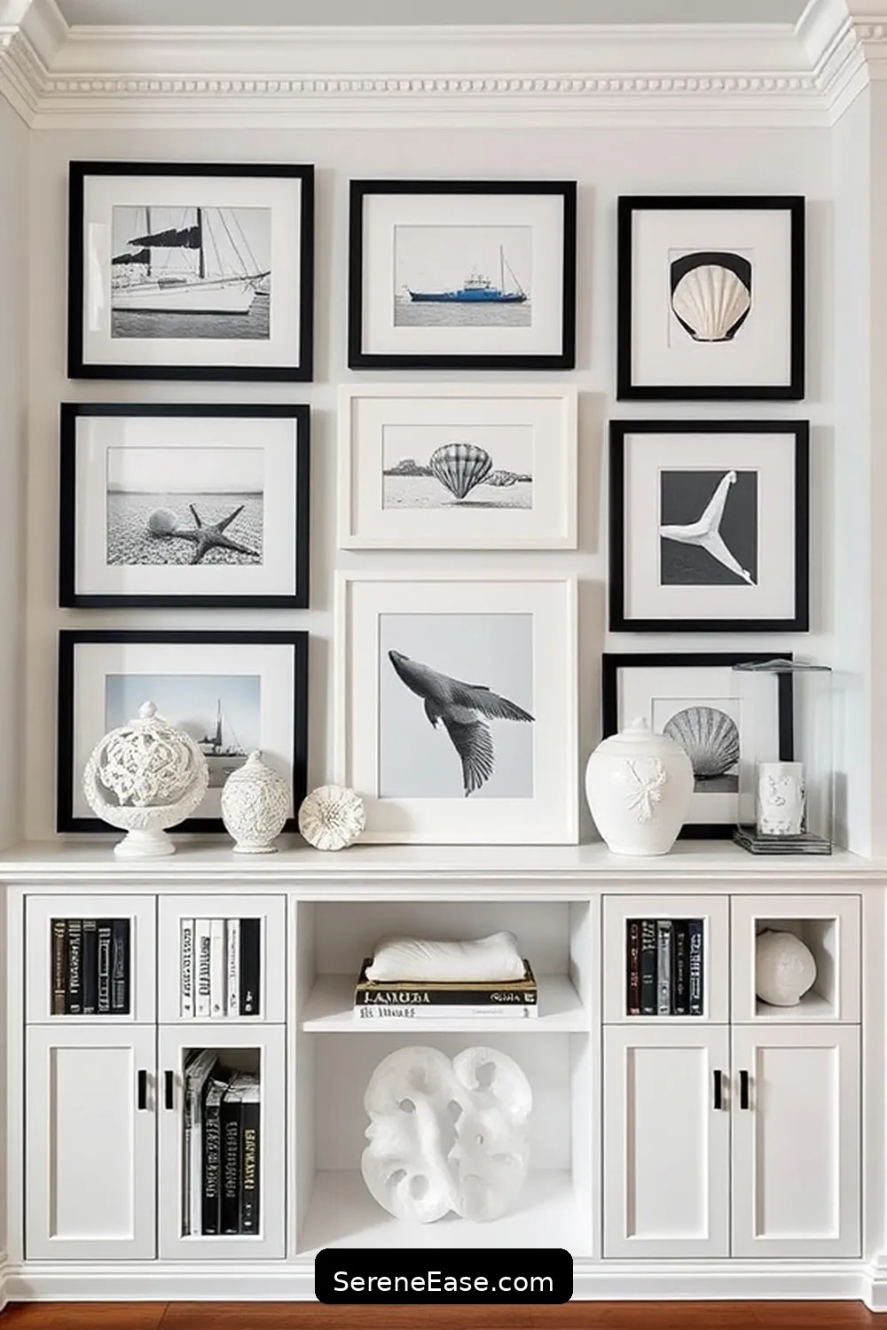 23 Ways to Achieve Black and White Coastal Style in Your Library 7 Create a Gallery Wall for 23 Ways to Achieve Black and White Coastal Style in Your Library