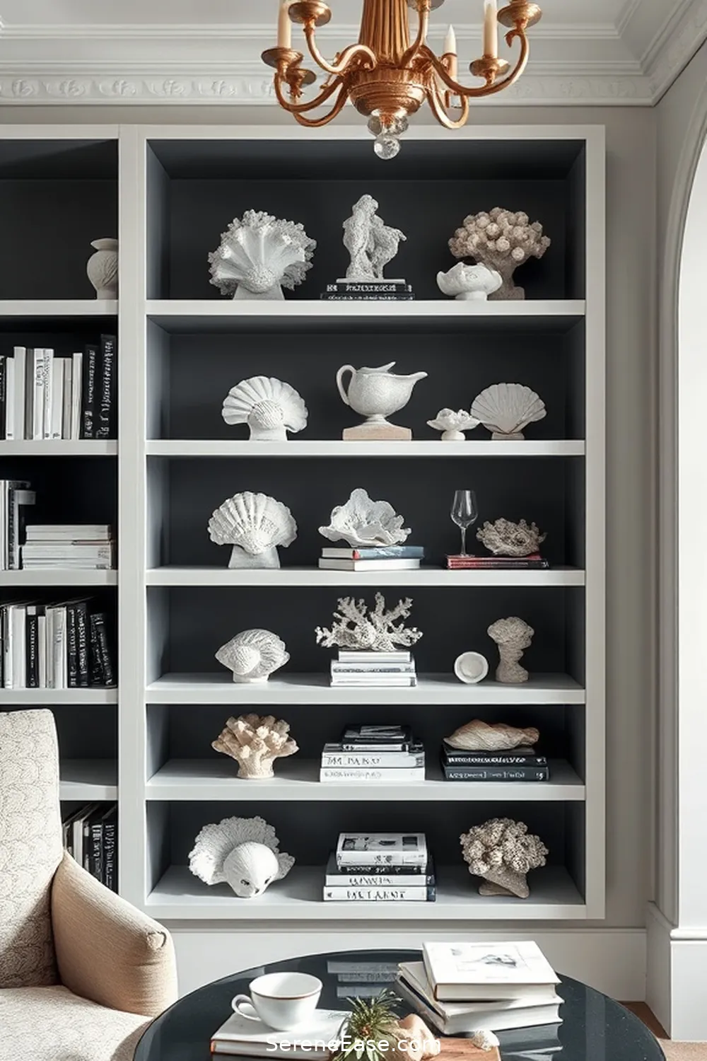23 Ways to Achieve Black and White Coastal Style in Your Library 13 Include Seashell and Coral Decor for 23 Ways to Achieve Black and White Coastal Style in Your Library