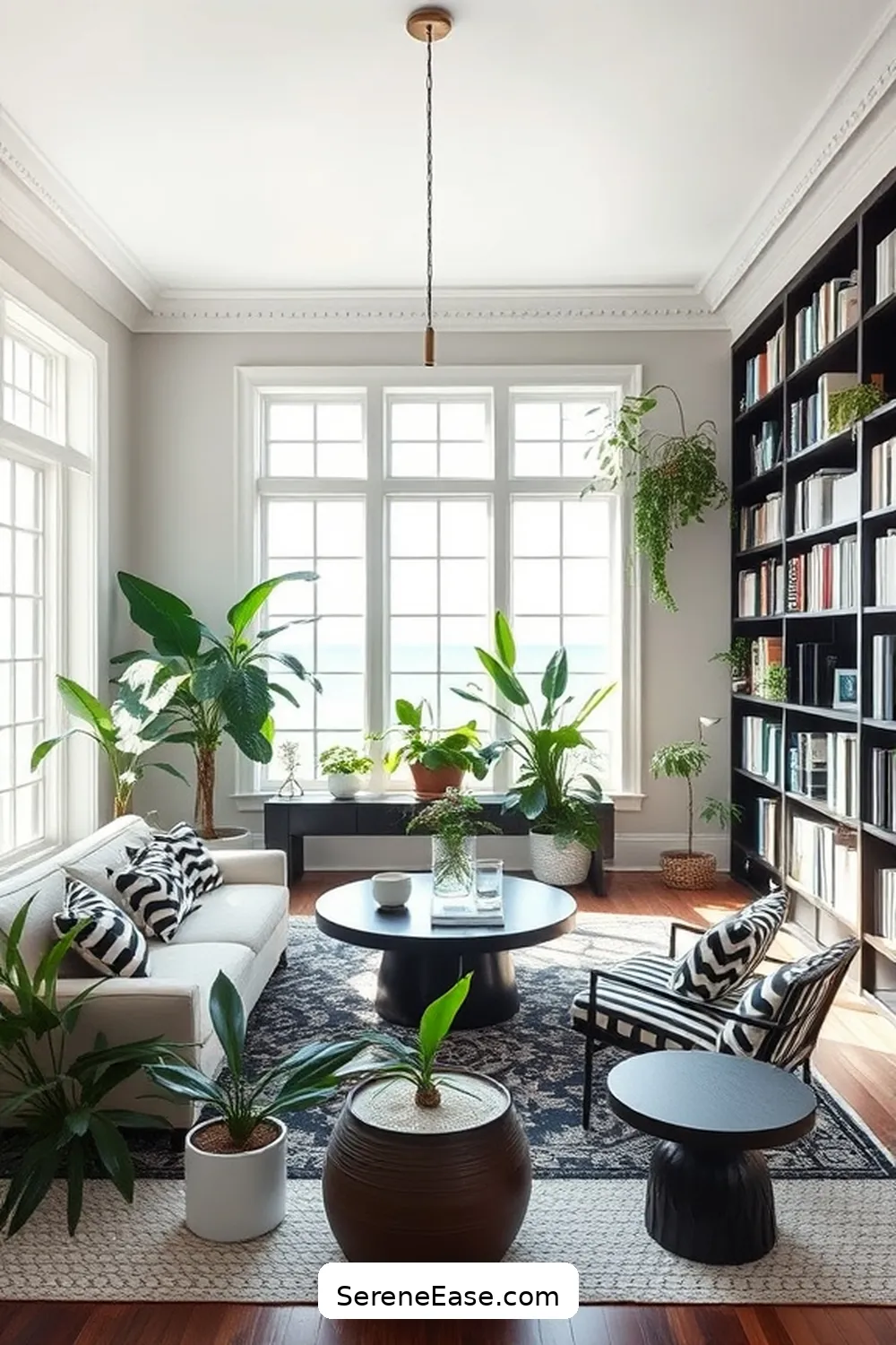 23 Ways to Achieve Black and White Coastal Style in Your Library 15 Incorporate Indoor Plants for 23 Ways to Achieve Black and White Coastal Style in Your Library