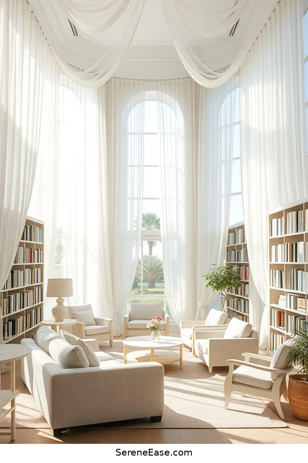 23 Ways to Achieve Black and White Coastal Style in Your Library 5 Use Light, Airy Fabrics for 23 Ways to Achieve Black and White Coastal Style in Your Library