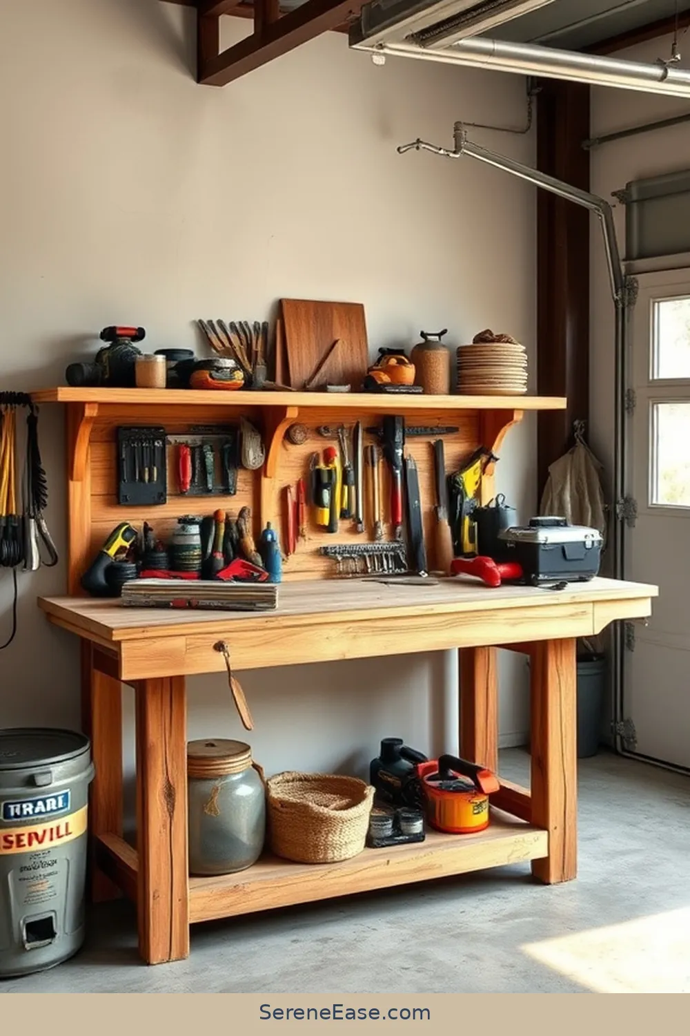 23 Ways to Achieve Black and White Style in a Modern Farmhouse Garage 14 Incorporate a Rustic Workbench for 23 Ways to Achieve Black and White Style in a Modern Farmhouse Garage