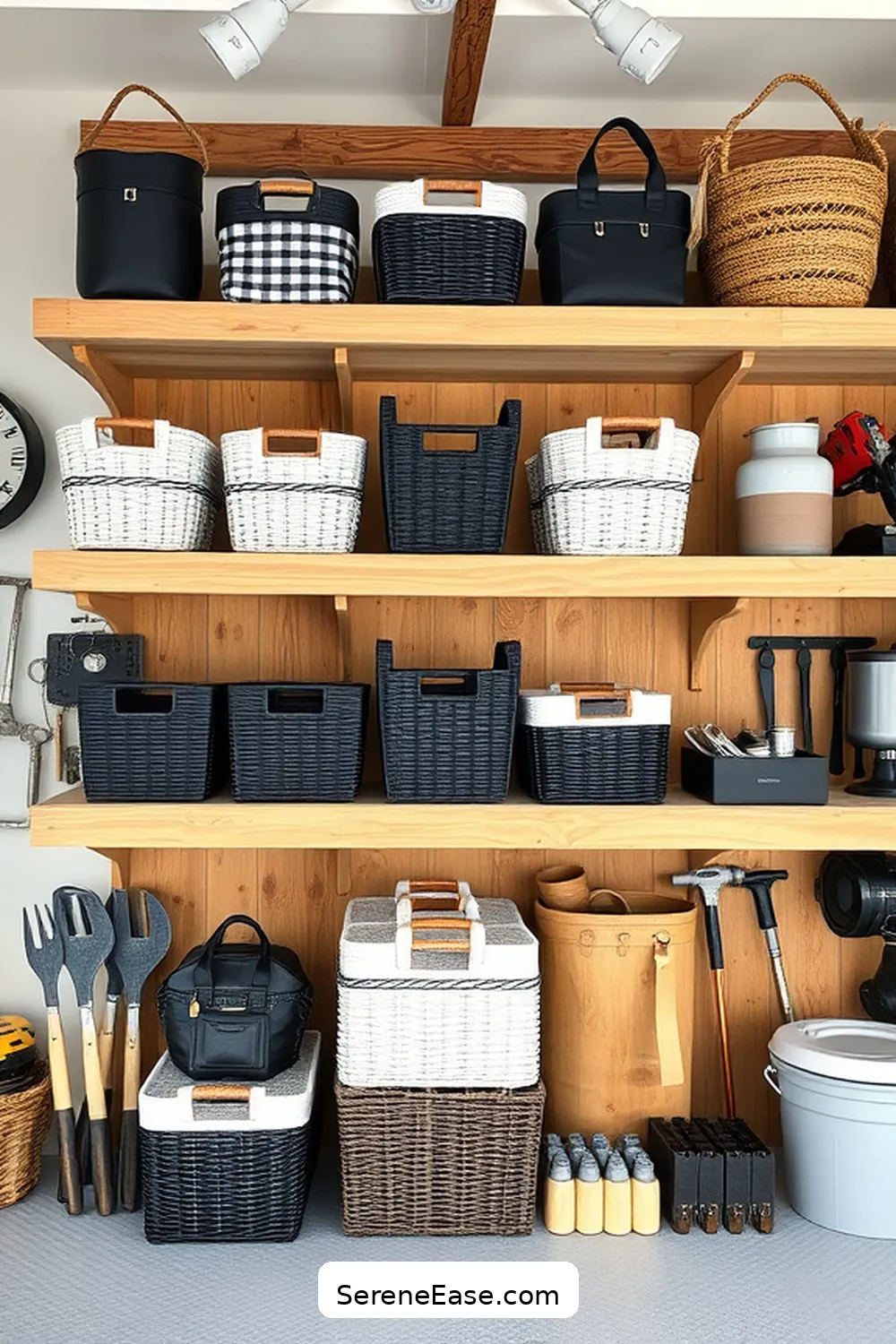 23 Ways to Achieve Black and White Style in a Modern Farmhouse Garage 13 Use Black and White Baskets for Storage for 23 Ways to Achieve Black and White Style in a Modern Farmhouse Garage
