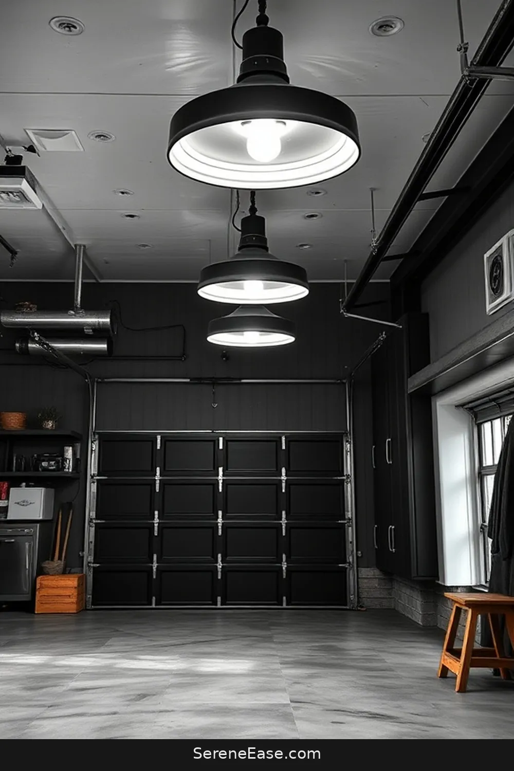 23 Ways to Achieve Black and White Style in a Modern Farmhouse Garage 4 Use Industrial Lighting Fixtures for 23 Ways to Achieve Black and White Style in a Modern Farmhouse Garage