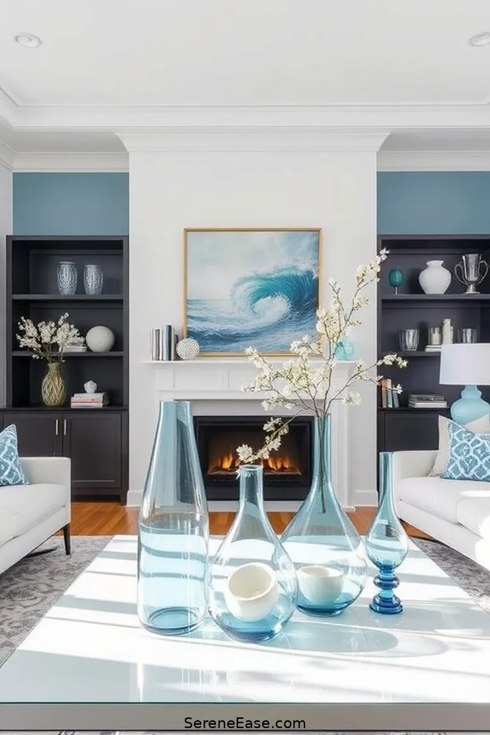 23 Ways to Achieve Monochromatic Coastal Style in Your Living Room 11 Introduce Glass Elements for 23 Ways to Achieve Monochromatic Coastal Style in Your Living Room