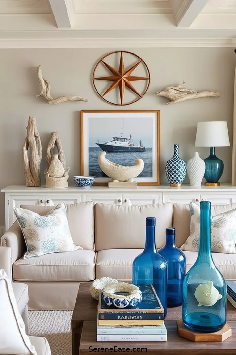 23 Ways to Achieve Monochromatic Coastal Style in Your Living Room 10 Opt for Nautical Accessories for 23 Ways to Achieve Monochromatic Coastal Style in Your Living Room