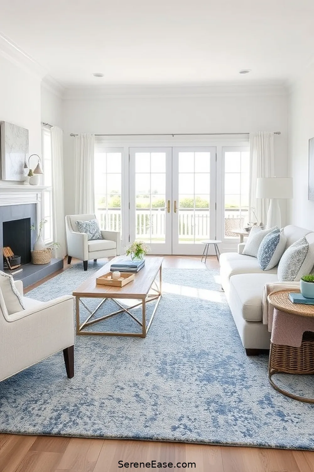 23 Ways to Achieve Monochromatic Coastal Style in Your Living Room 18 Use Area Rugs for Definition for 23 Ways to Achieve Monochromatic Coastal Style in Your Living Room