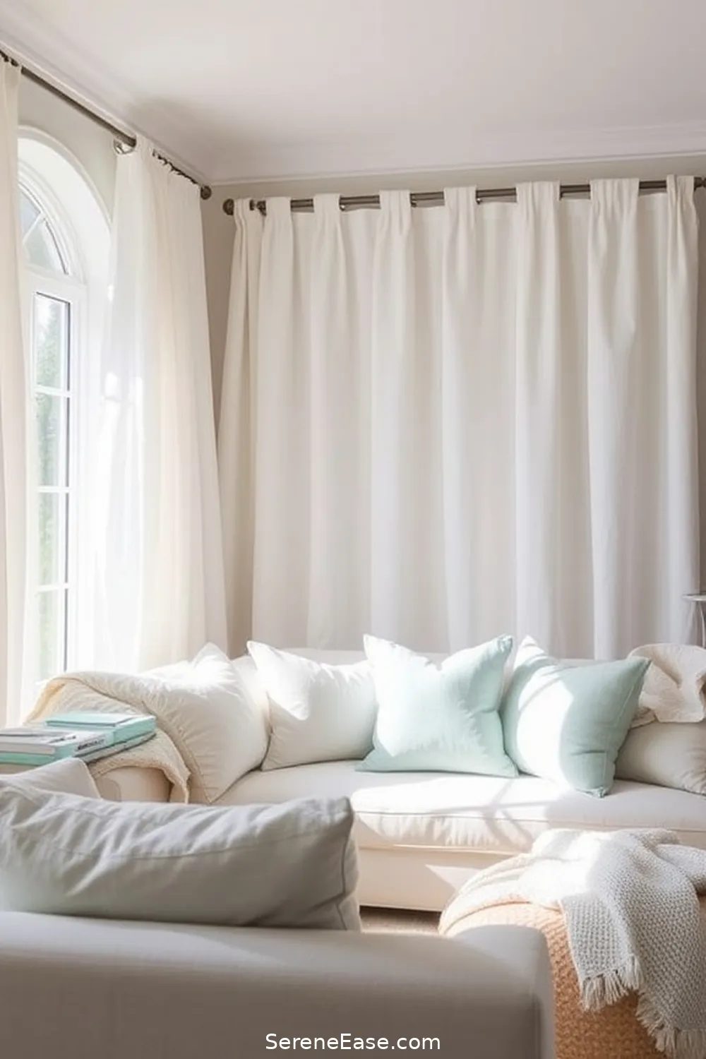 23 Ways to Achieve Monochromatic Coastal Style in Your Living Room 8 Use Light and Airy Fabrics for 23 Ways to Achieve Monochromatic Coastal Style in Your Living Room