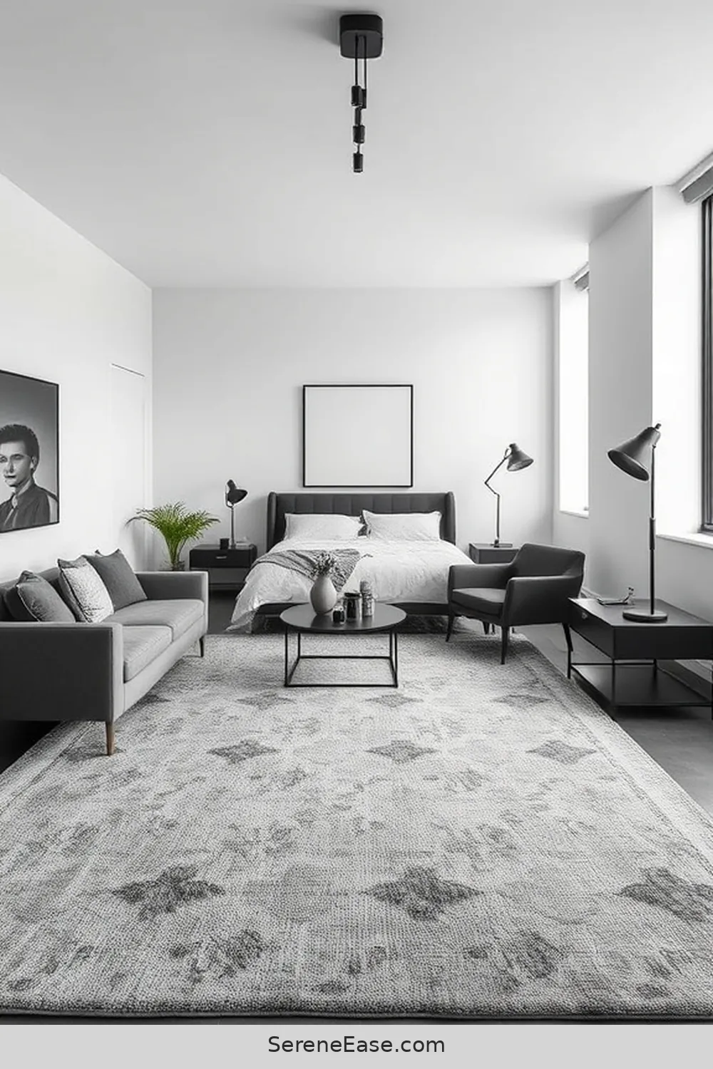 23 Ways to Achieve Monochromatic Industrial Style in Your Bedroom 16 Add an Area Rug for 23 Ways to Achieve Monochromatic Industrial Style in Your Bedroom