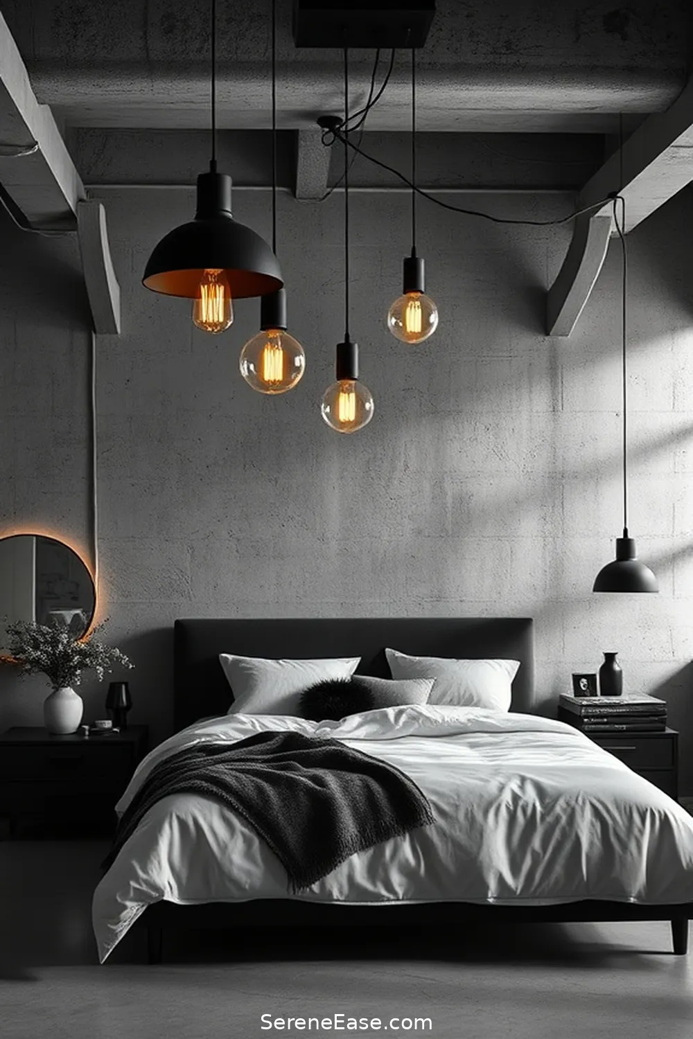 23 Ways to Achieve Monochromatic Industrial Style in Your Bedroom 10 Choose Statement Lighting for 23 Ways to Achieve Monochromatic Industrial Style in Your Bedroom