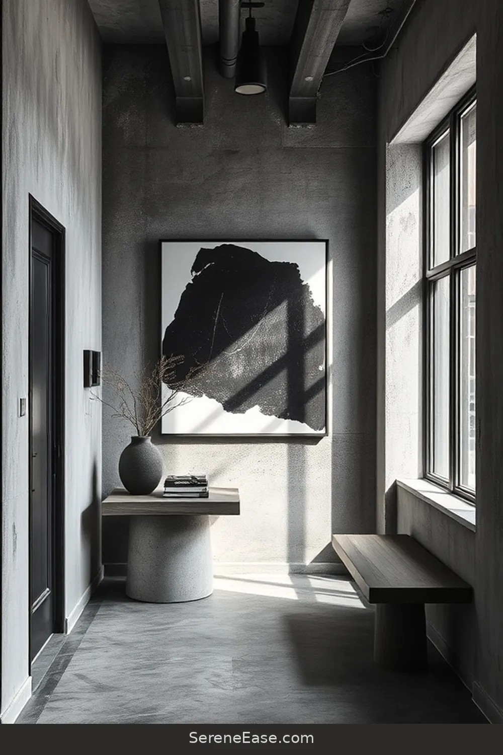 23 Ways to Achieve Monochromatic Industrial Style in Your Entryway 13 Hang Artwork With a Rough Edge for 23 Ways to Achieve Monochromatic Industrial Style in Your Entryway