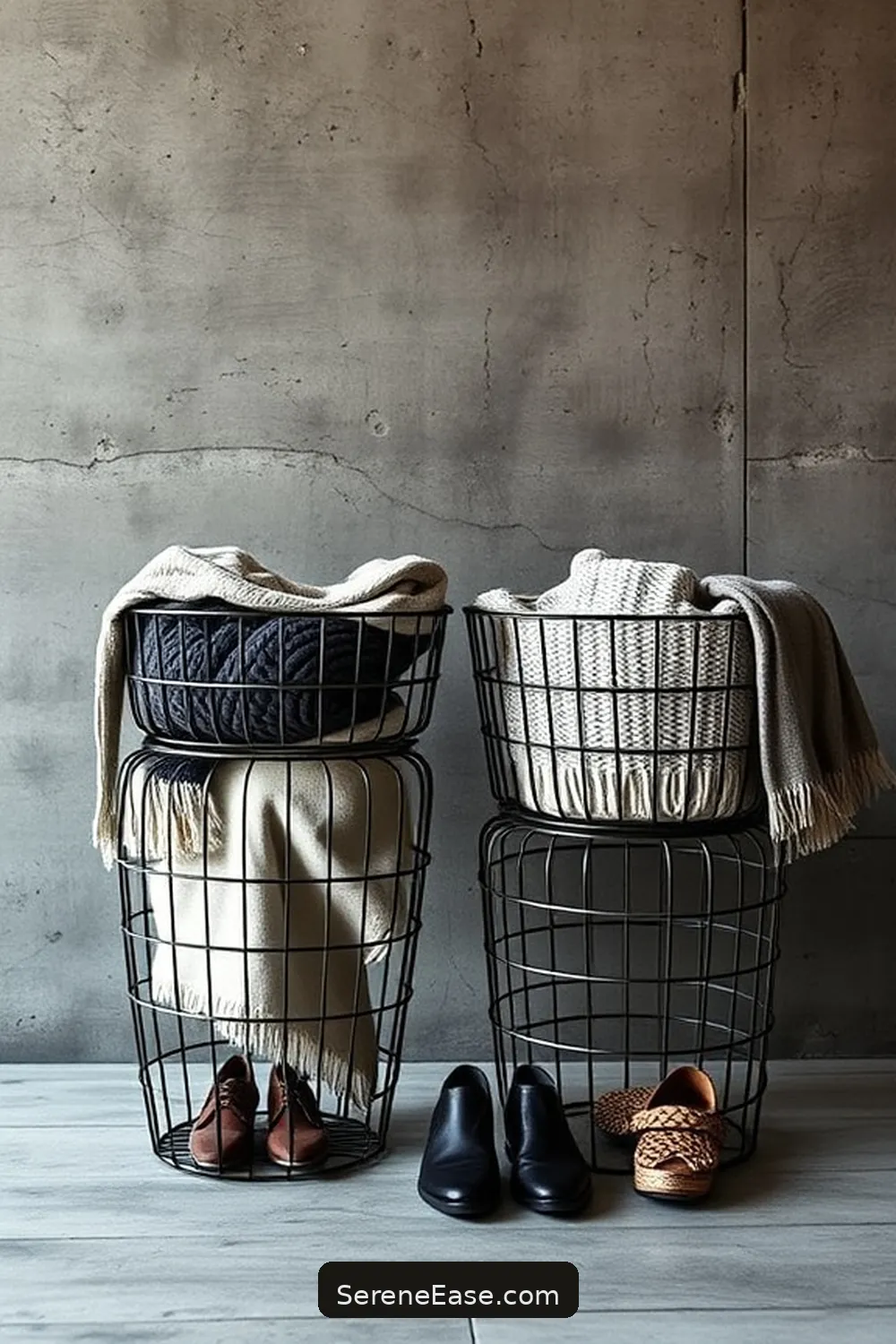23 Ways to Achieve Monochromatic Industrial Style in Your Entryway 12 Use Wire Baskets for Storage for 23 Ways to Achieve Monochromatic Industrial Style in Your Entryway