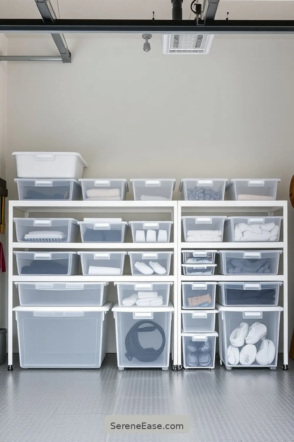 23 Ways to Achieve Monochromatic Scandinavian Style in Your Garage 15 Use Clear Storage Bins for 23 Ways to Achieve Monochromatic Scandinavian Style in Your Garage
