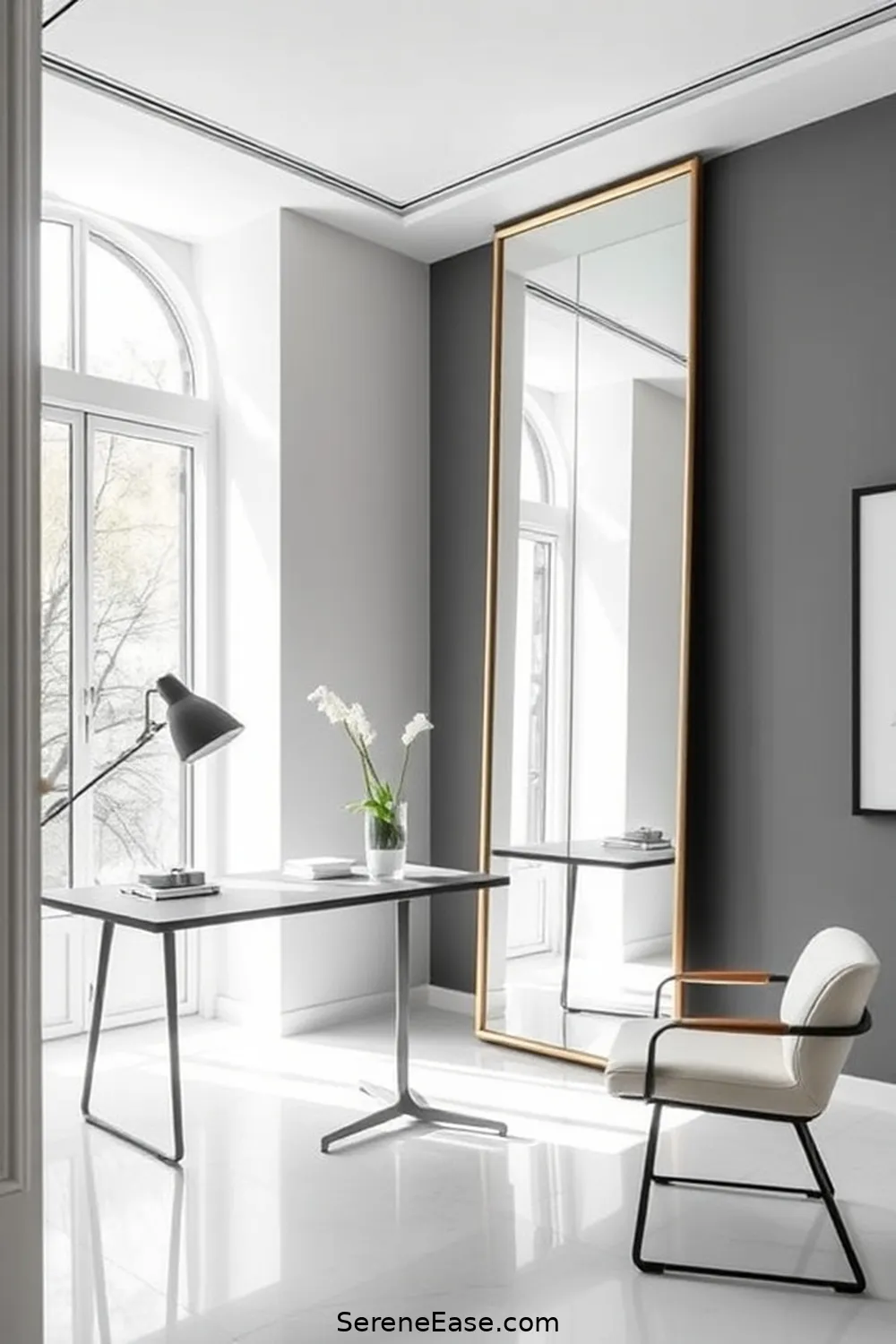 23 Ways to Achieve Monochromatic Scandinavian Style in Your Home Office 18 Incorporate Mirrors for Depth for 23 Ways to Achieve Monochromatic Scandinavian Style in Your Home Office