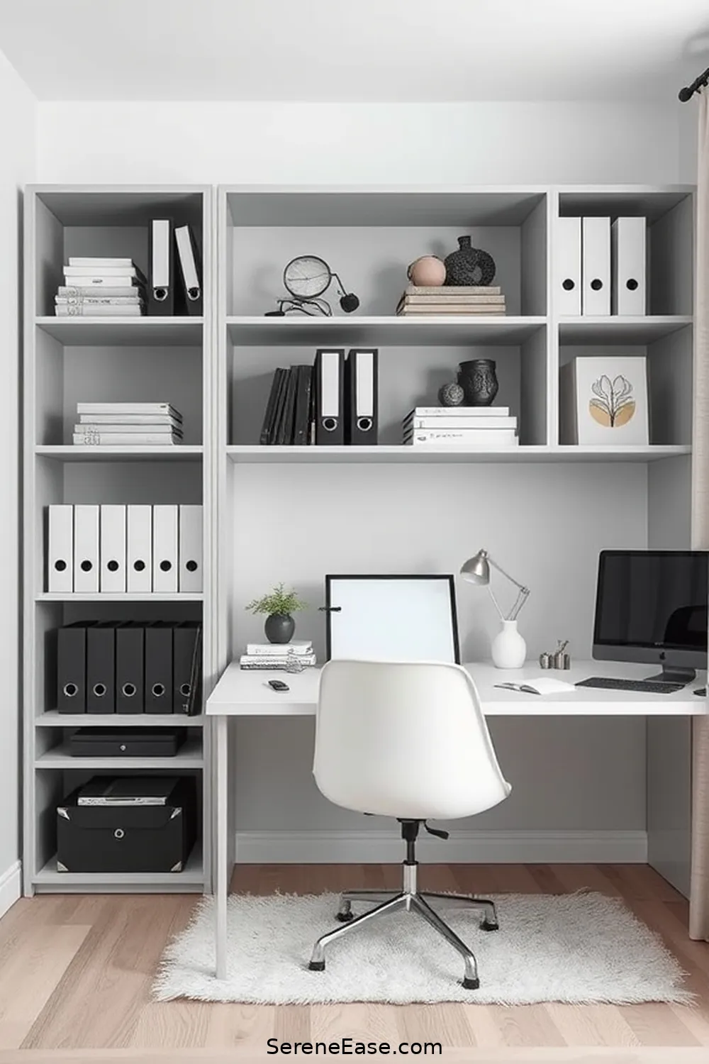 23 Ways to Achieve Monochromatic Scandinavian Style in Your Home Office 9 Invest in Functional Storage Solutions for 23 Ways to Achieve Monochromatic Scandinavian Style in Your Home Office