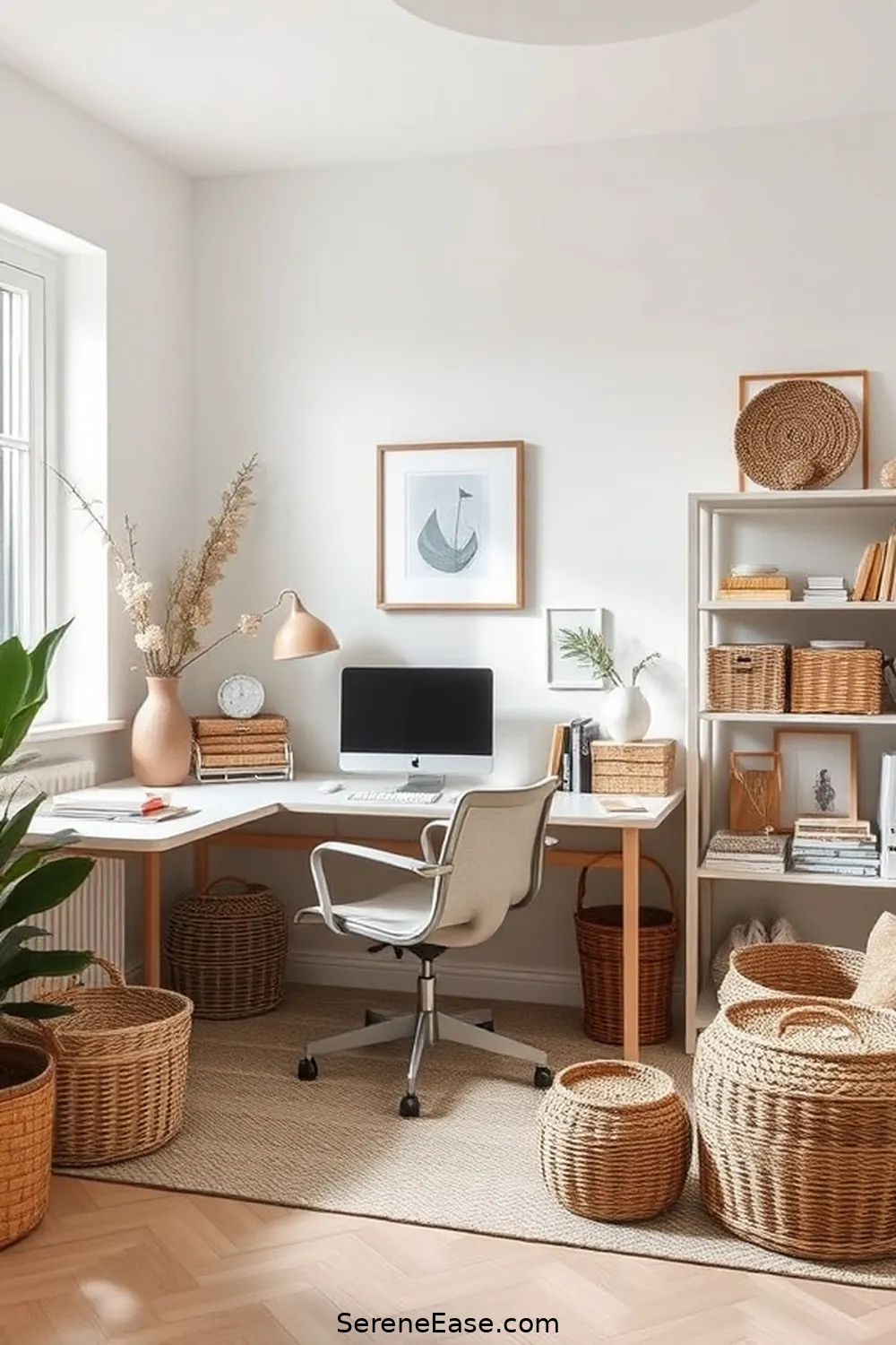 23 Ways to Achieve Monochromatic Scandinavian Style in Your Home Office 17 Use Decorative Baskets for Storage for 23 Ways to Achieve Monochromatic Scandinavian Style in Your Home Office