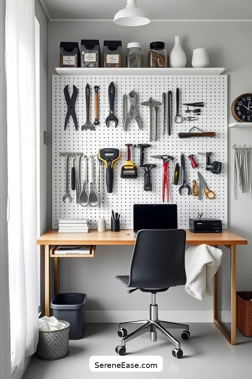 23 Ways to Achieve Monochromatic Scandinavian Style in Your Home Office 21 Use Pegboards for Organization for 23 Ways to Achieve Monochromatic Scandinavian Style in Your Home Office