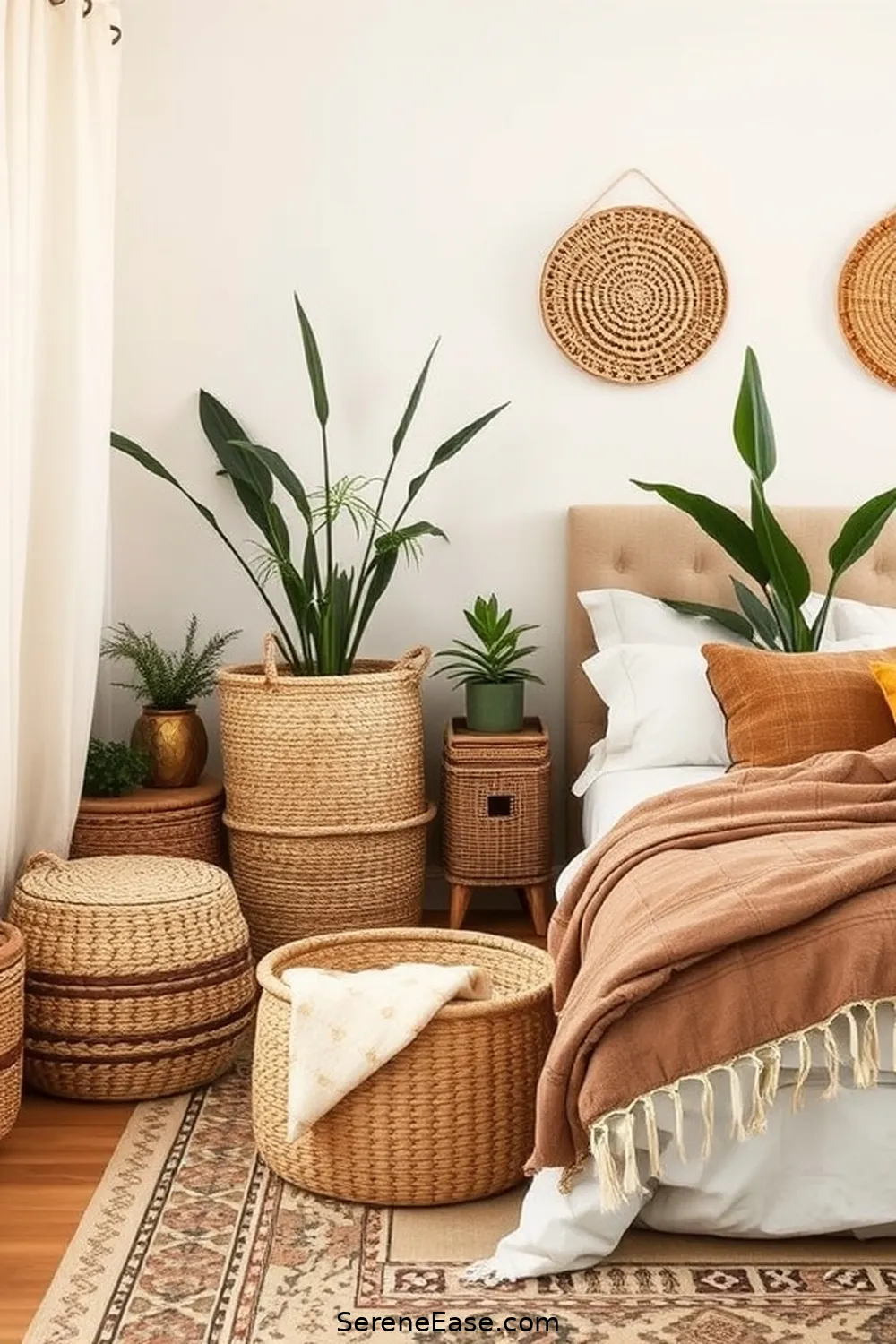 Add Woven Baskets for Storage for 23 Ways to Achieve Neutral Tones in Bohemian Style Bedroom