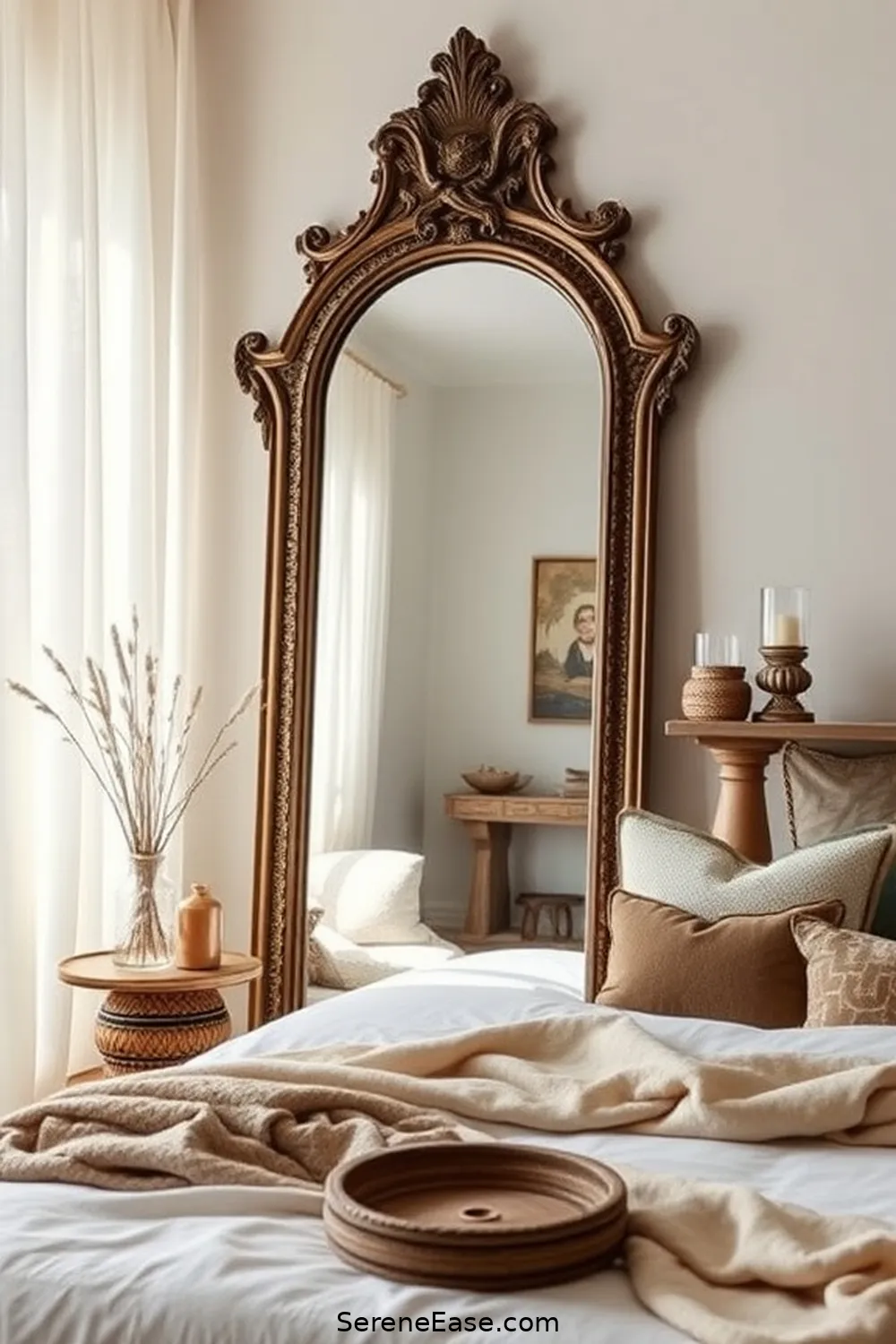 Add a Statement Mirror for 23 Ways to Achieve Neutral Tones in Bohemian Style Bedroom