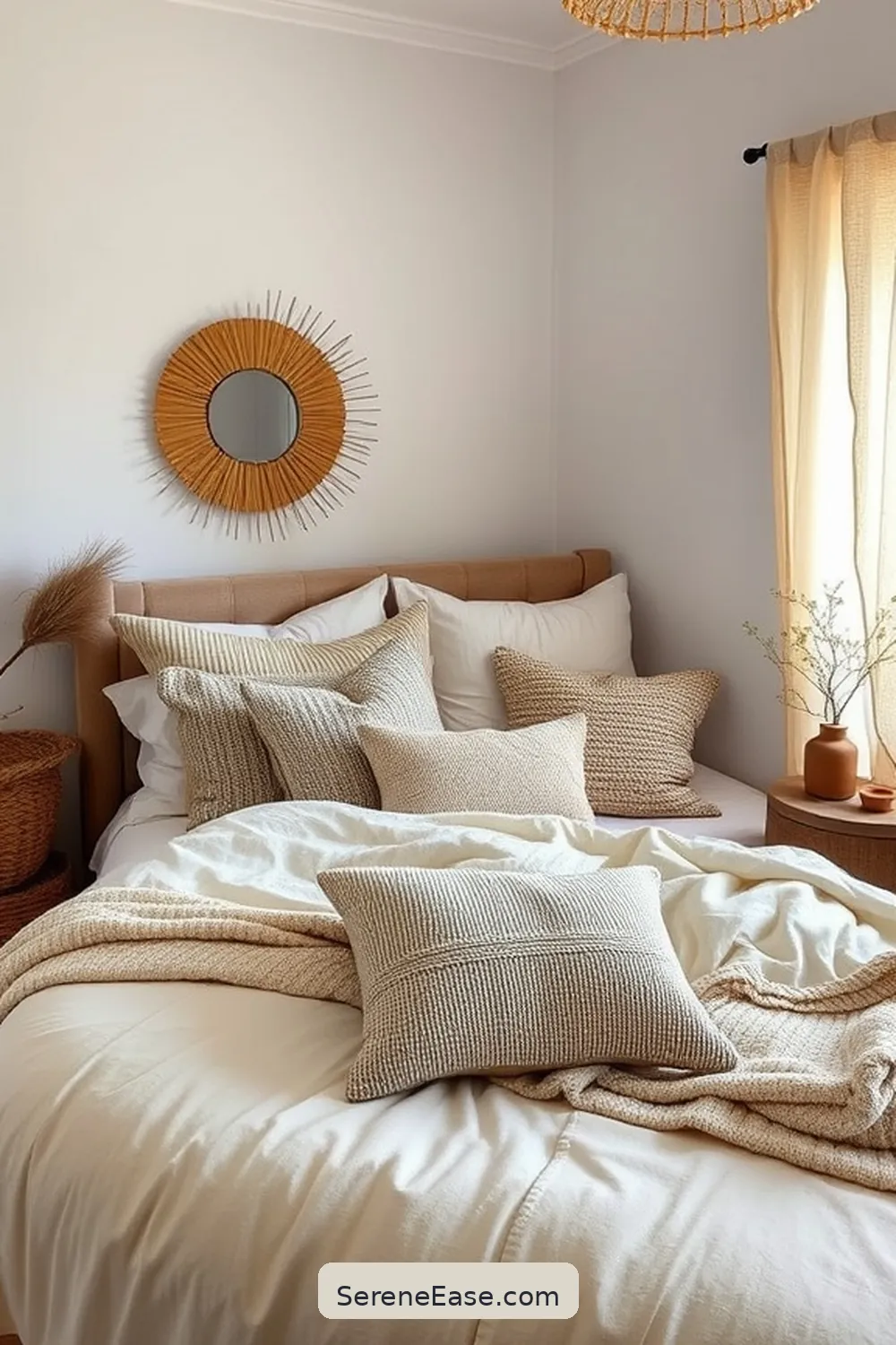 Emphasize Comfort With Cushions for 23 Ways to Achieve Neutral Tones in Bohemian Style Bedroom